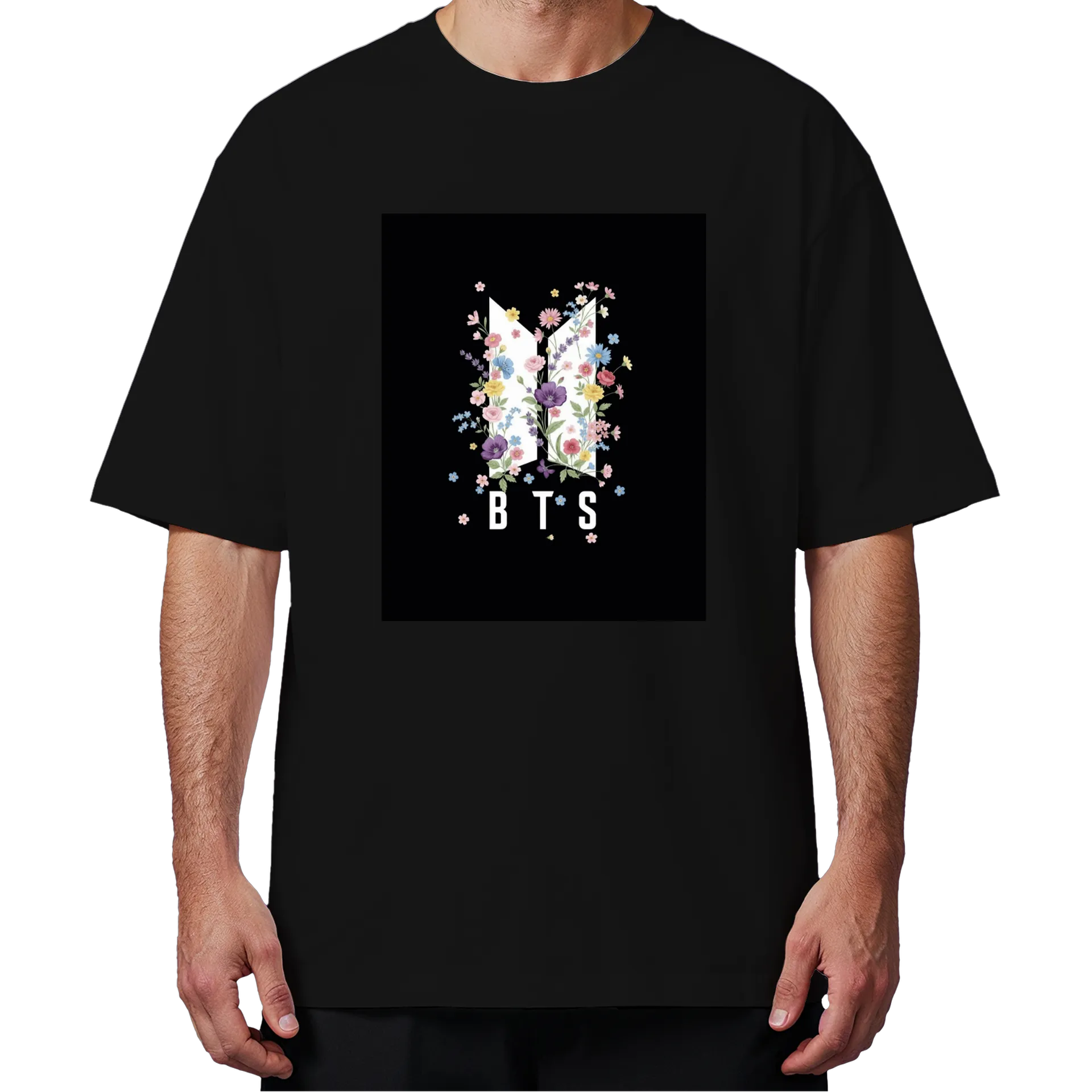 Camiseta Oversized Logotipo BTS Flores Preto - Imagem 4