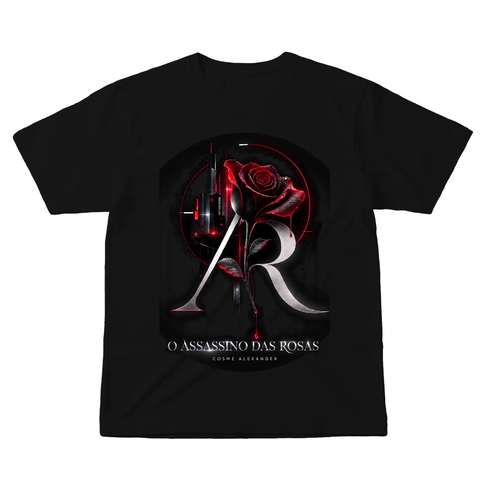 Camiseta O Assassino das Rosas Estampa Vermelha e Preta - Imagem 1