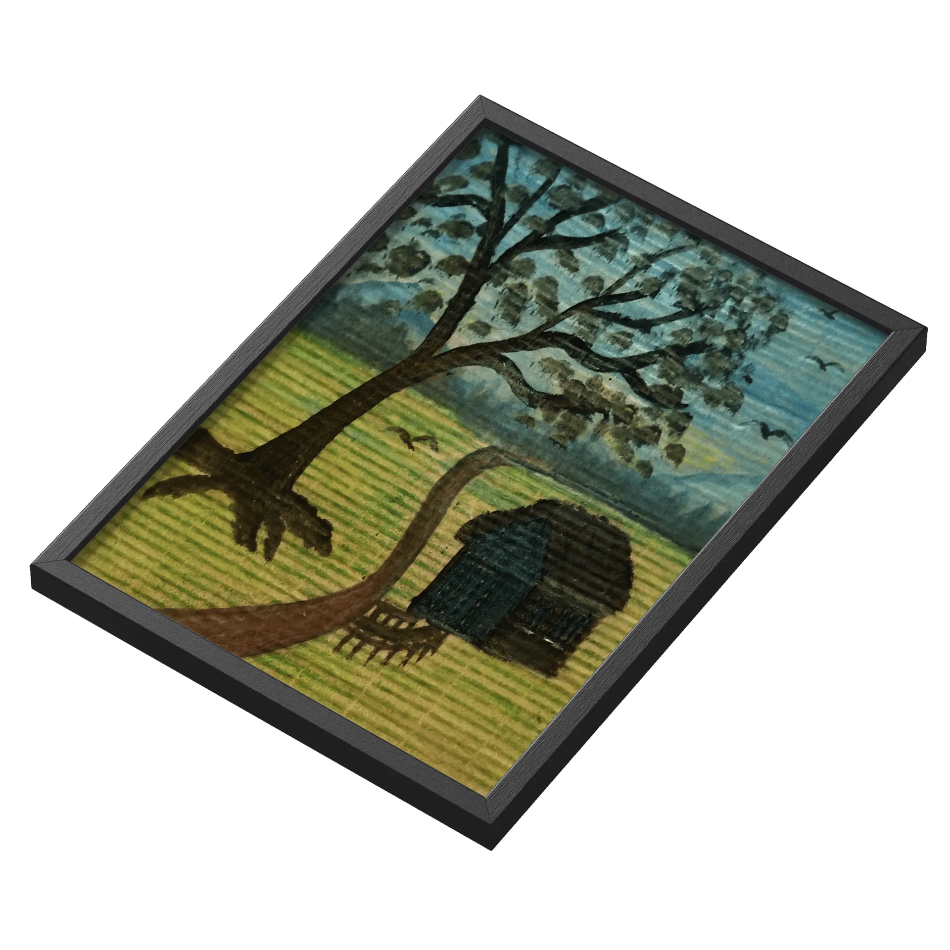 Quadro Paisagem Rural com Árvores e Casa A3 com Vidro - Imagem 3