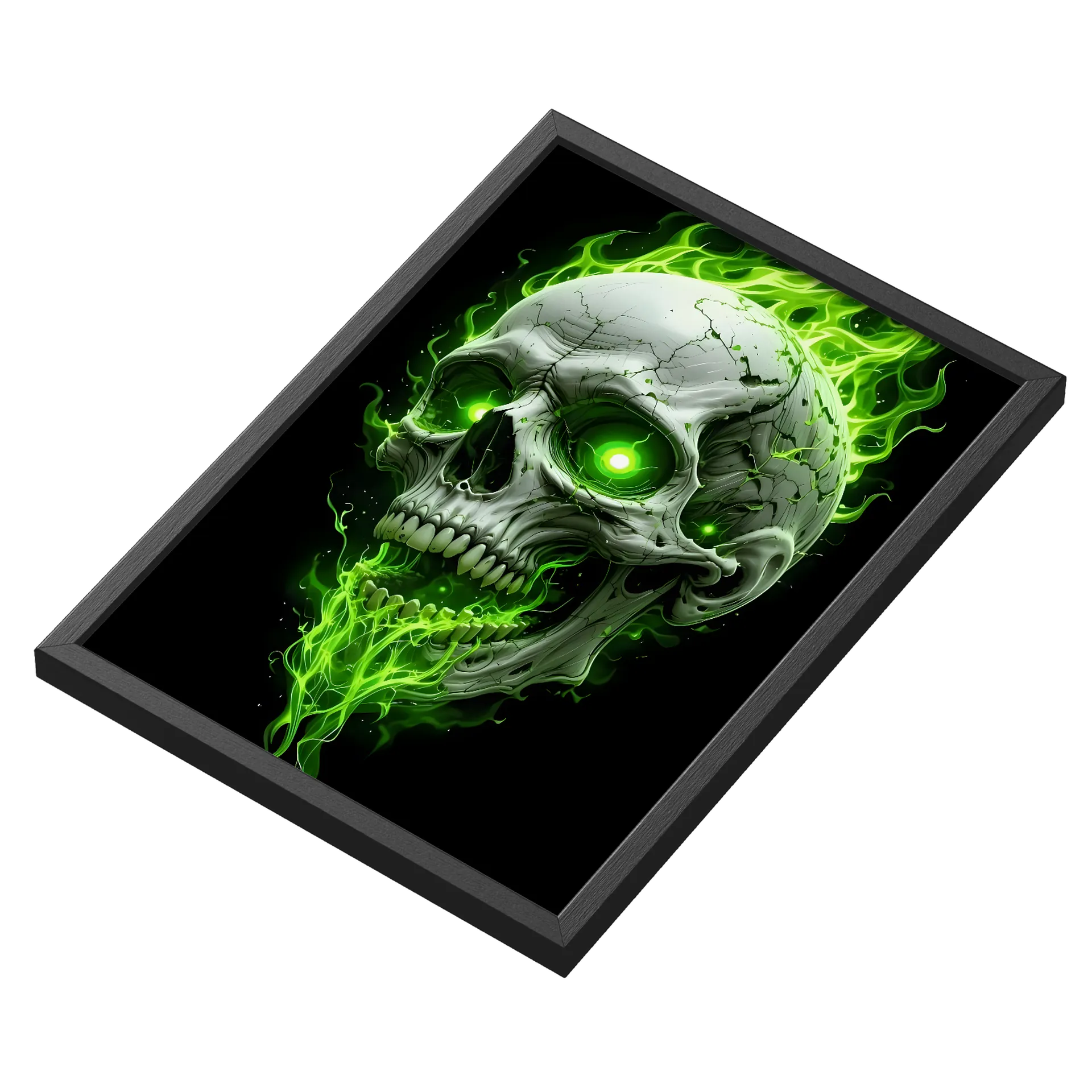 Quadro Caveira Realista Chamas Verdes A3 com Vidro - Imagem 3