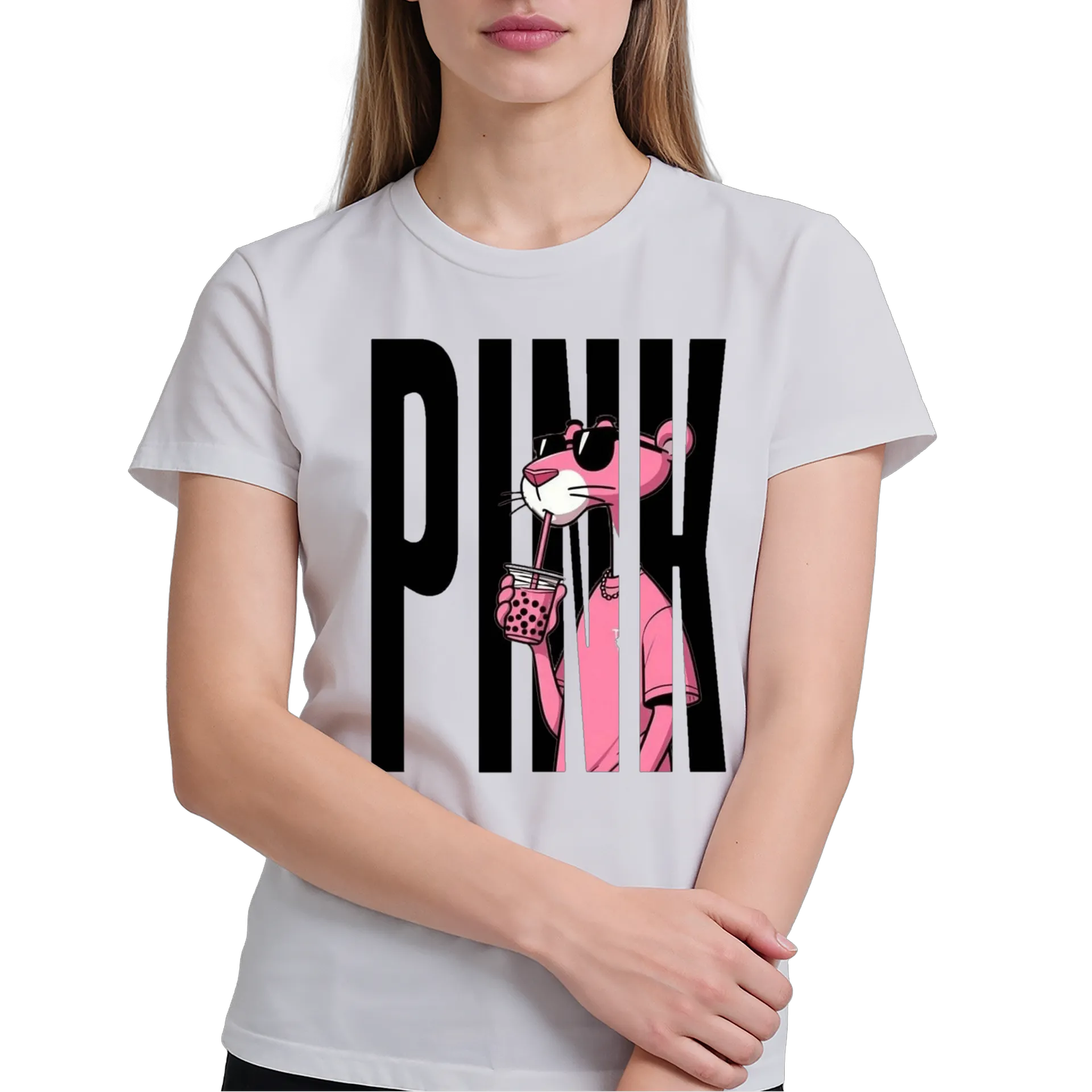 Camiseta Gata Rosa Drinking Boba 100% Algodão - Imagem 4