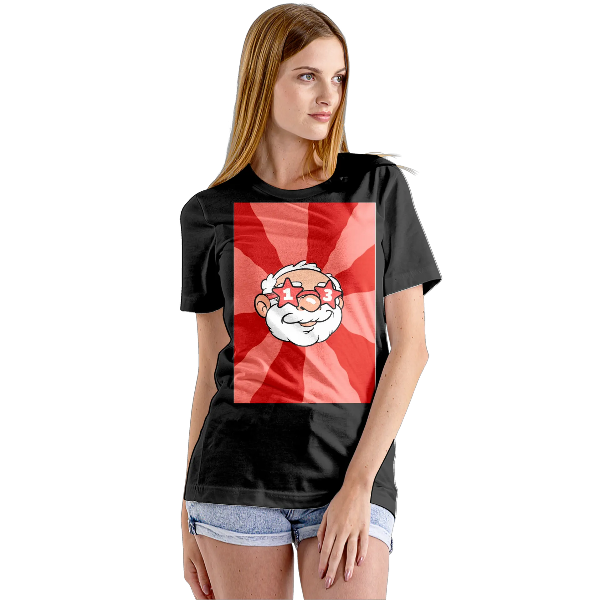 Camiseta Babylook Papai Noel Cartoon Fundo Vermelho 100% - Imagem 5