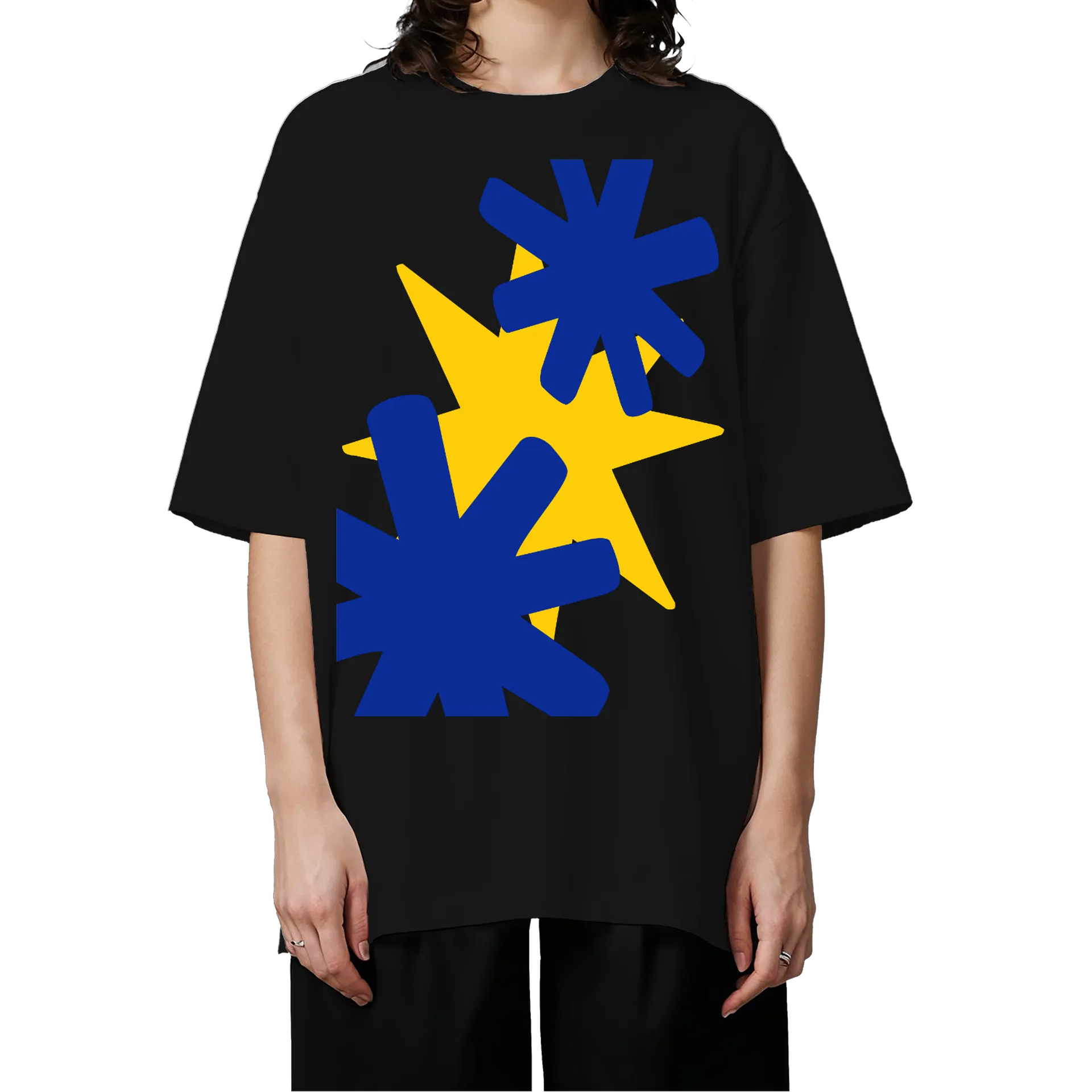 Camiseta Oversized Estrela Amarela Formas Abstratas Azuis - Imagem 3
