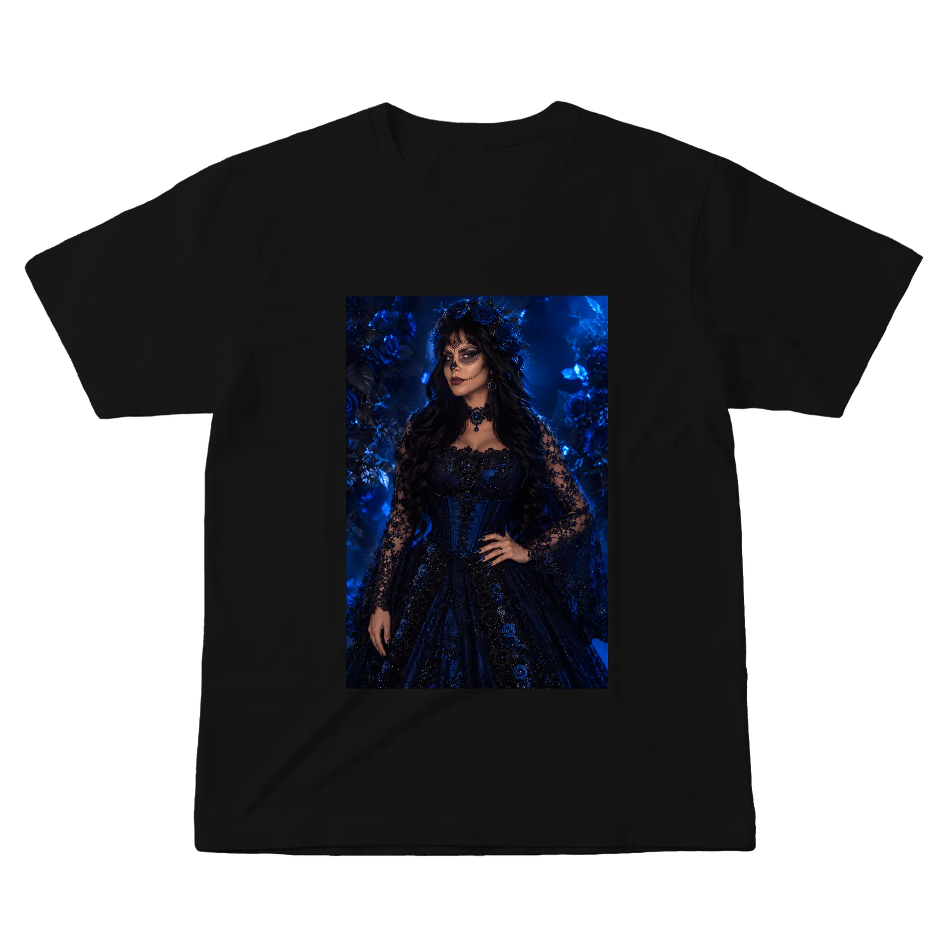 Camiseta Mulher com Maquiagem de Caveira e Rosas Azuis - Imagem 1