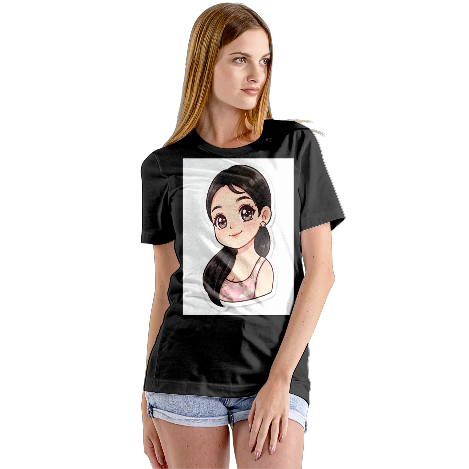 Camiseta Babylook Garota Cartoon Cabelo Preto Floral 100% - Imagem 5