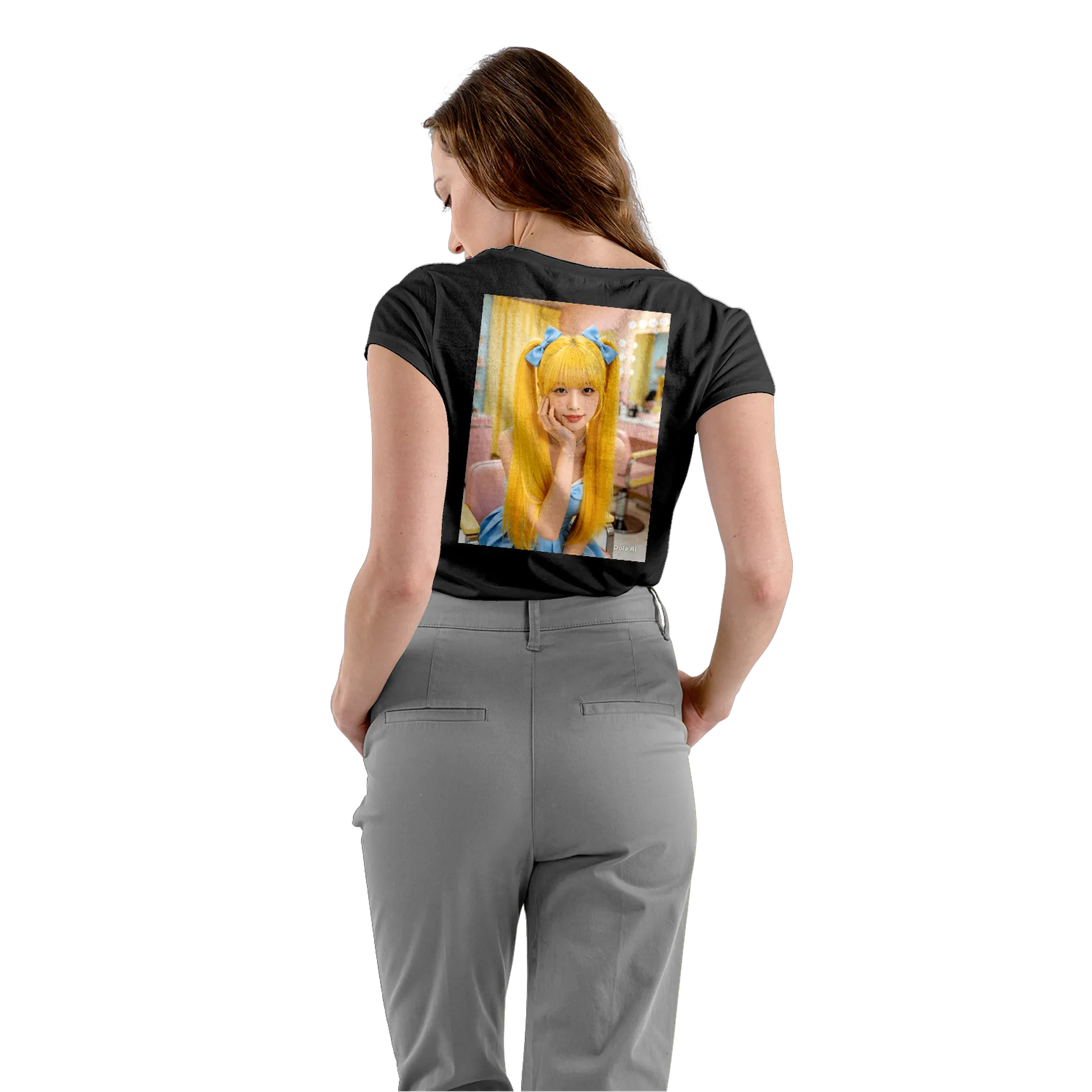Camiseta Babylook Retrato Fotográfico Mulher Laços Azuis - Imagem 4