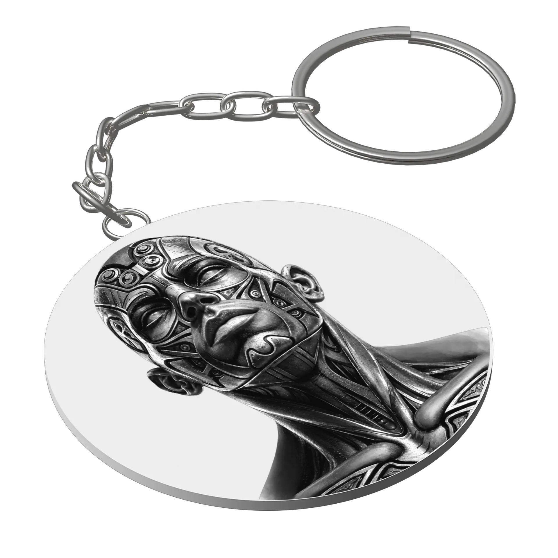 Chaveiro MDF Rosto Humano Mecânico Preto e Branco - Imagem 1