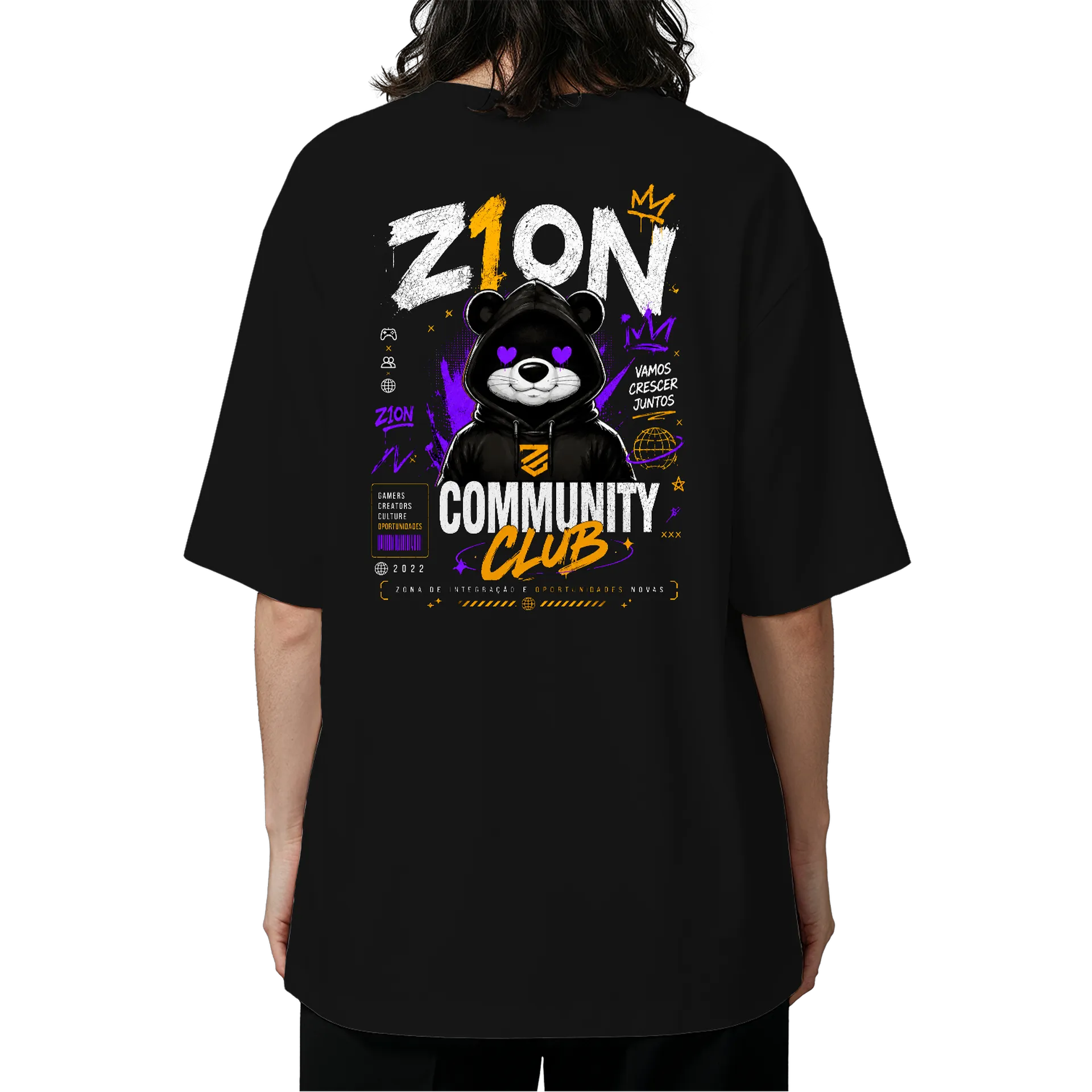 Camiseta Oversized Urso com Capuz Preto 100% Algodão - Imagem 5