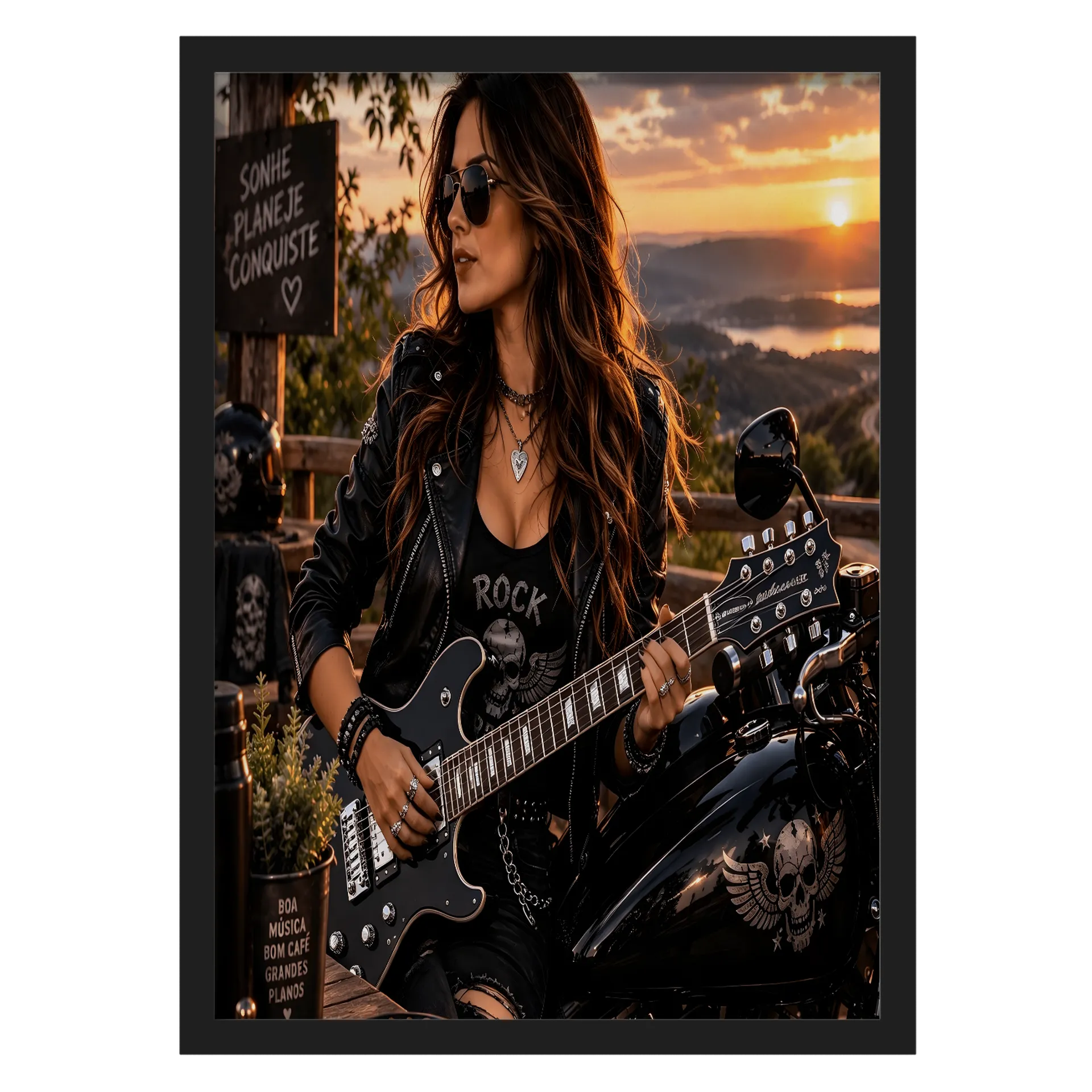 Quadro A3 Rock com Guitarra e Motocicleta ao Pôr do Sol - Imagem 1