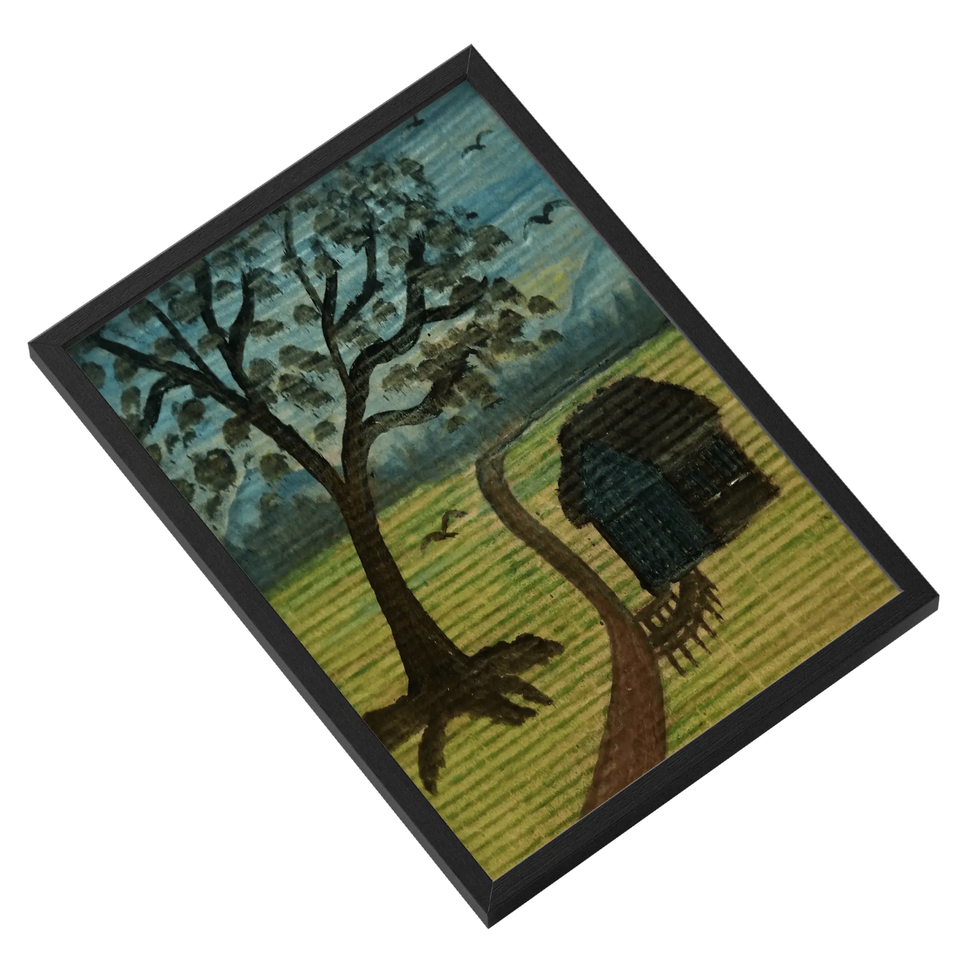Quadro Paisagem Rural com Árvores e Casa A3 com Vidro - Imagem 2