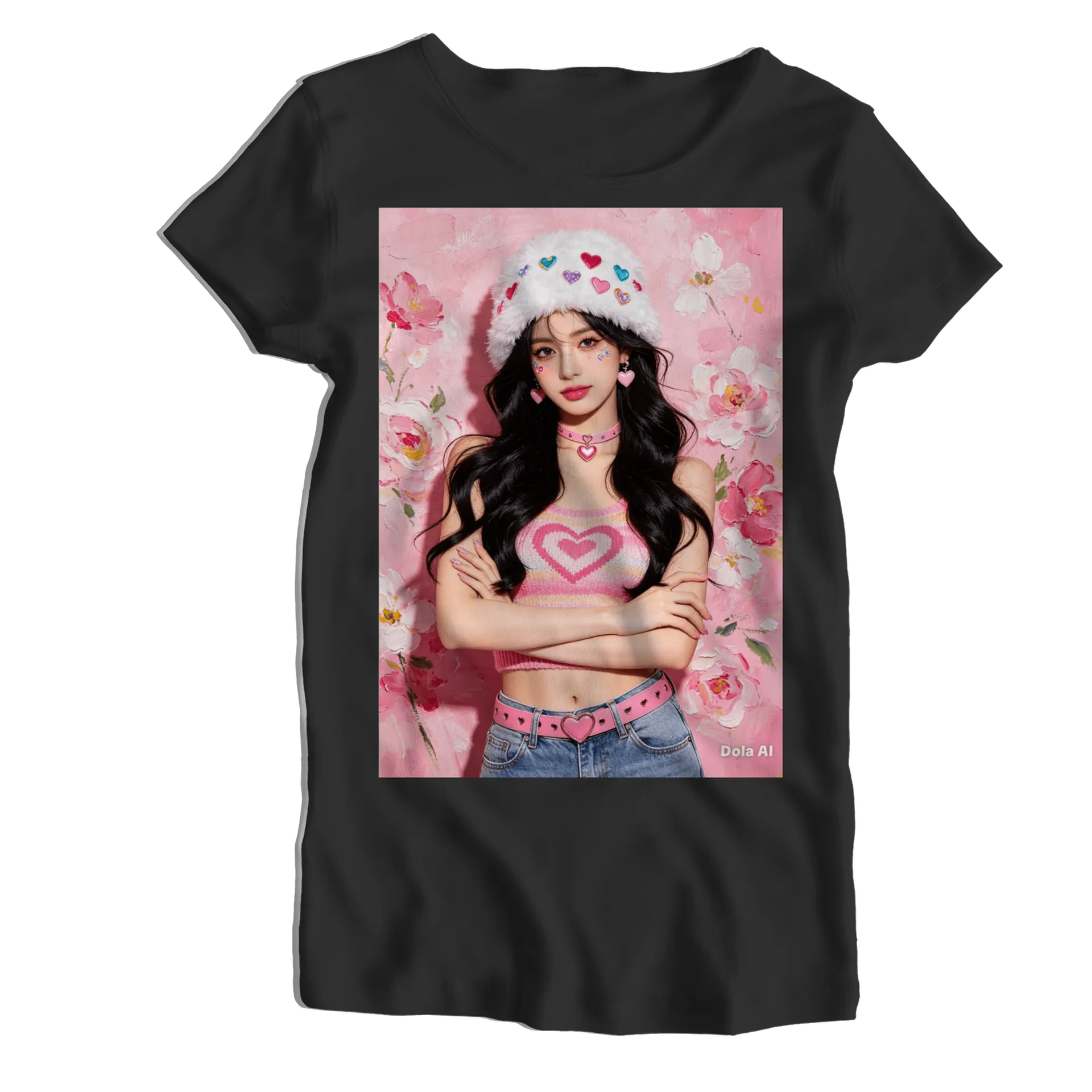Camiseta Babylook Retrato com Corações e Flores 100% Algodão - Imagem 1