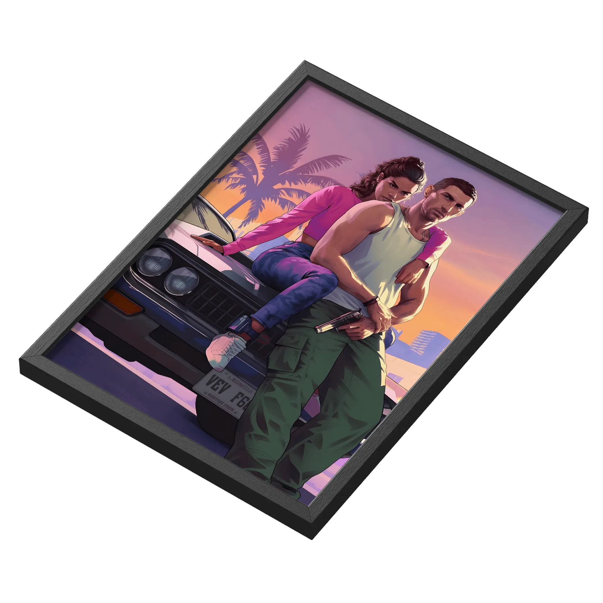 Quadro Casal Ilustração Carro Pôr do Sol A3 Com Vidro - Imagem 3