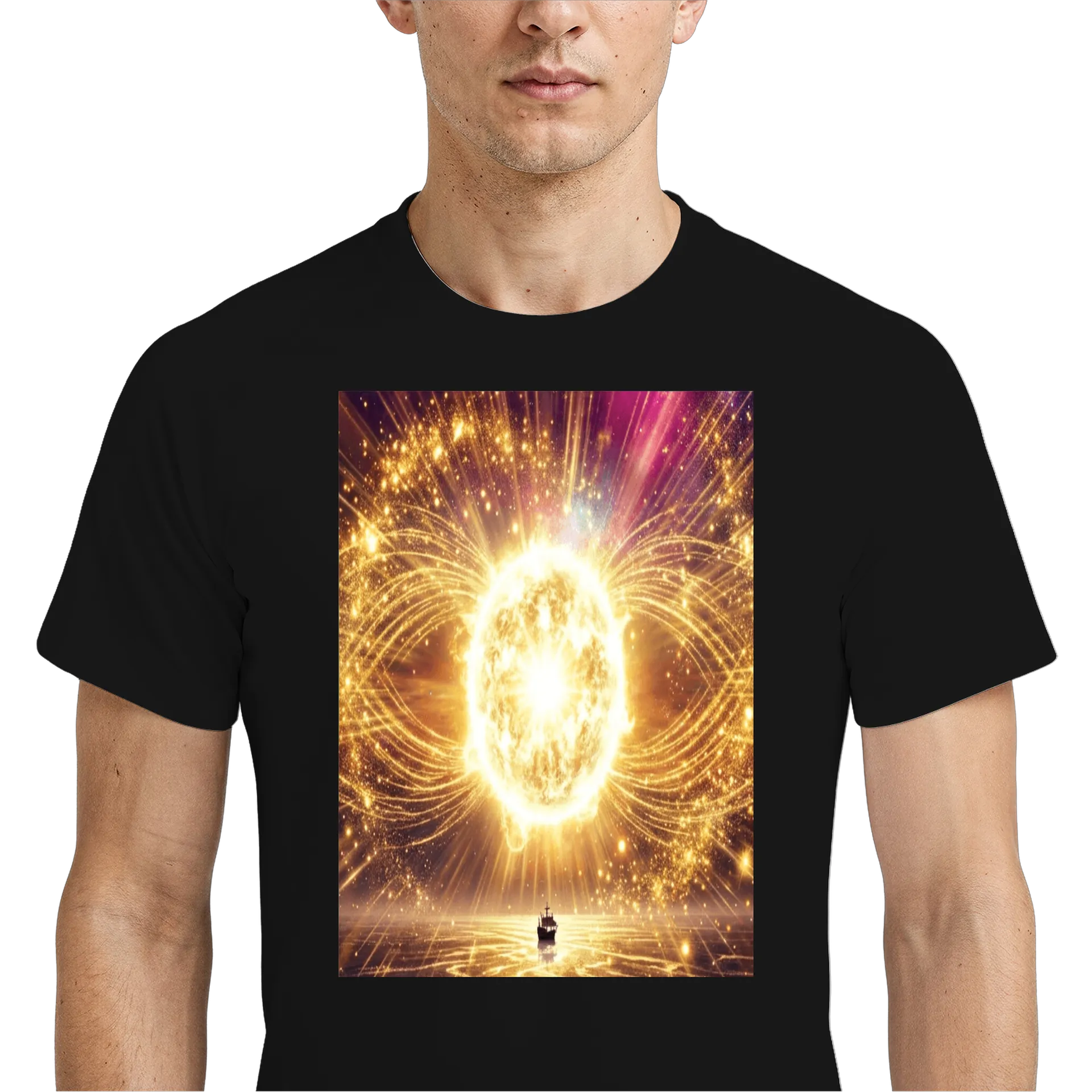 Camiseta Dry Fit Sol Dourado e Navio Cósmico Estilo Fantasia - Imagem 4
