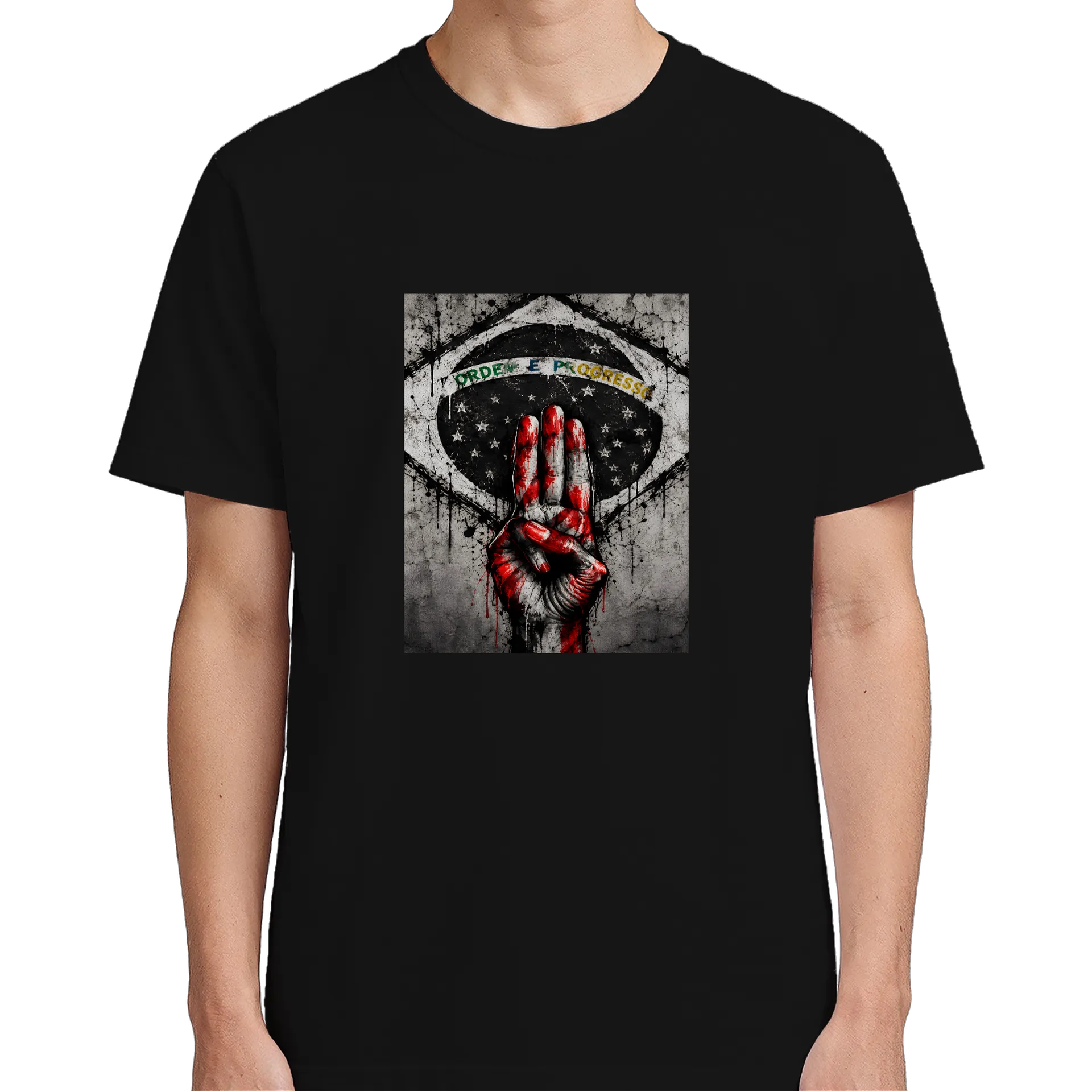 Camiseta Mão em V Ordem e Progresso 100% Algodão - Imagem 4
