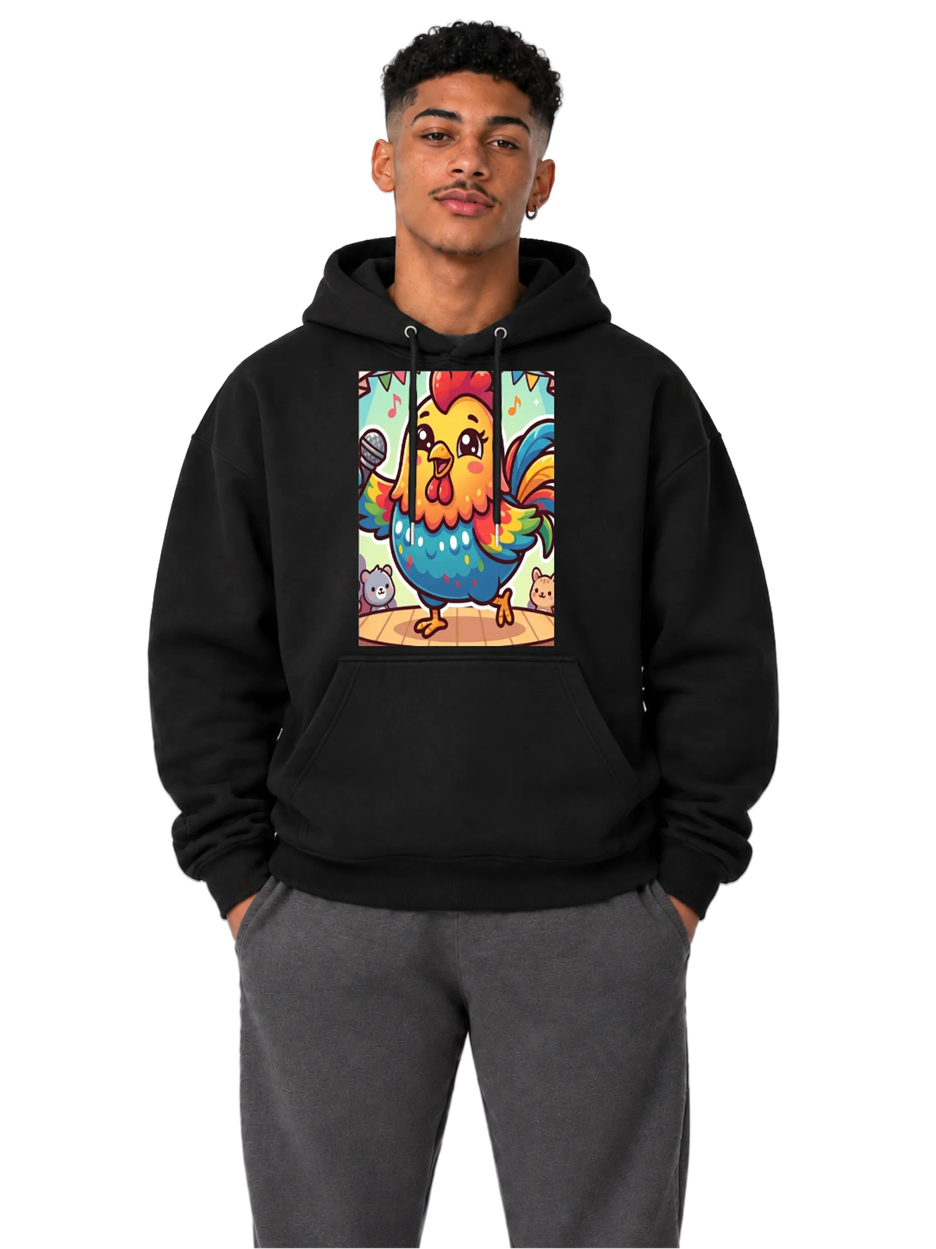 Blusa Moletom Canguru Galo Cantor Estilo Cartoon Colorido - Imagem 3
