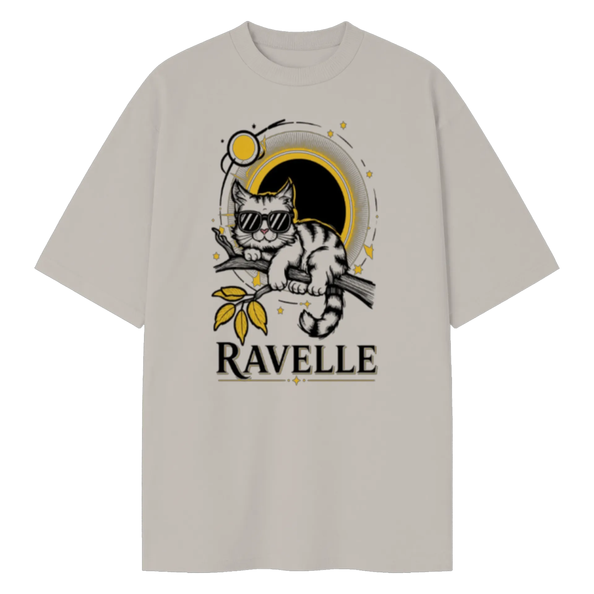 Camiseta Oversized Gato Estilizado Preto e Amarelo 100% de RAVELLE