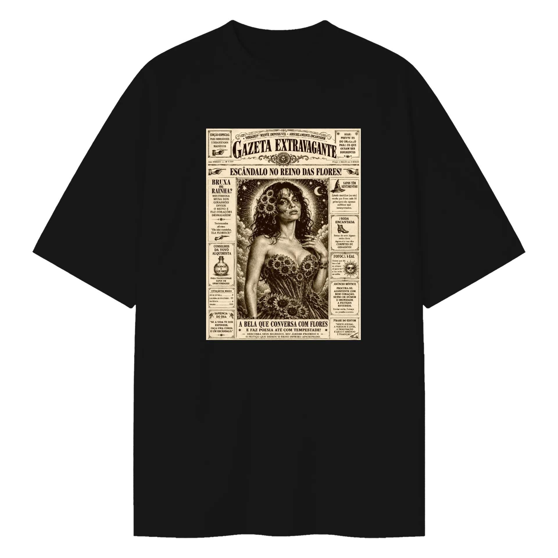 Camiseta Oversized Estampa Jornal Vintage Preto 100% Algodão - Imagem 1
