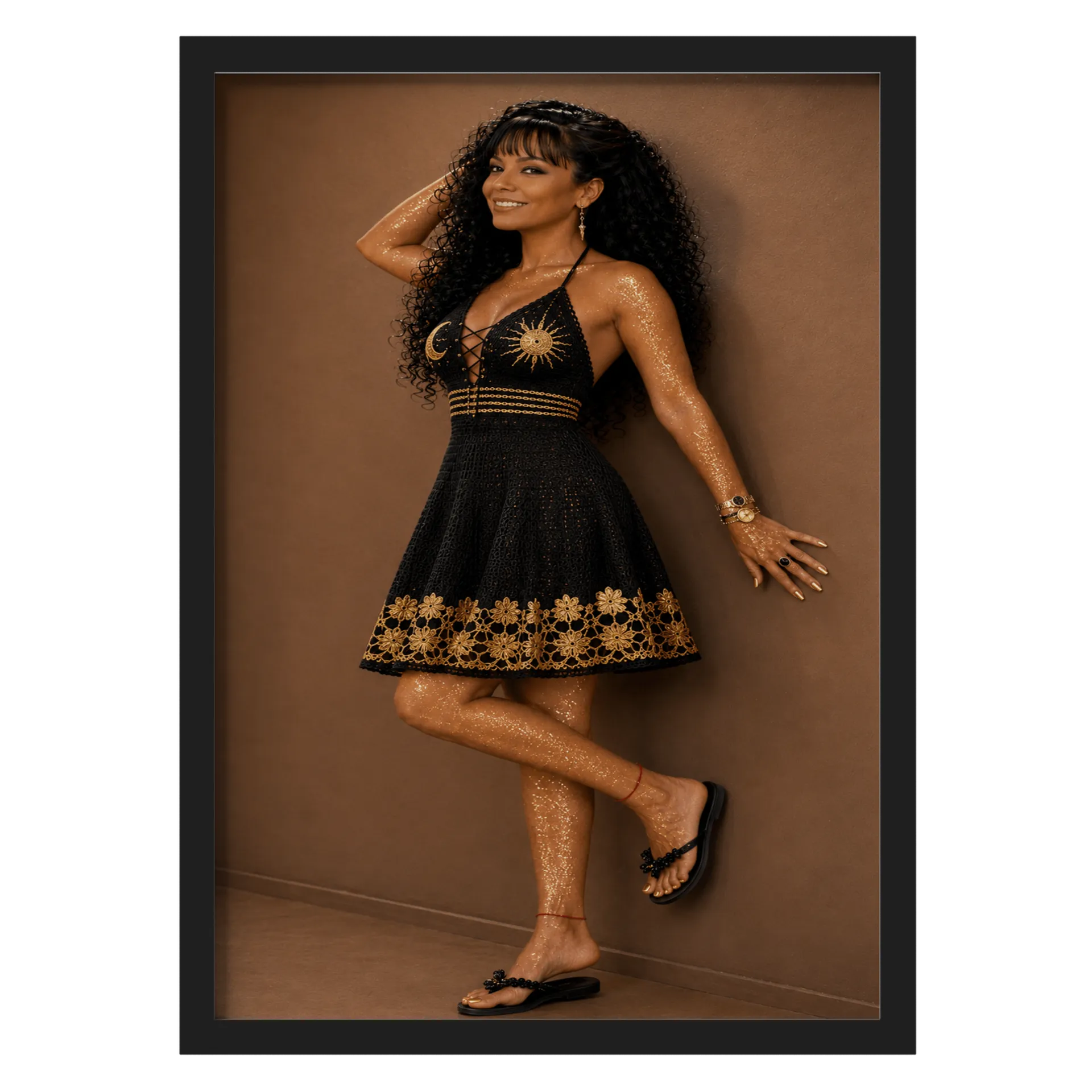 Quadro Mulher com Vestido Preto Dourado A3 com Vidro MDF e - Imagem 1