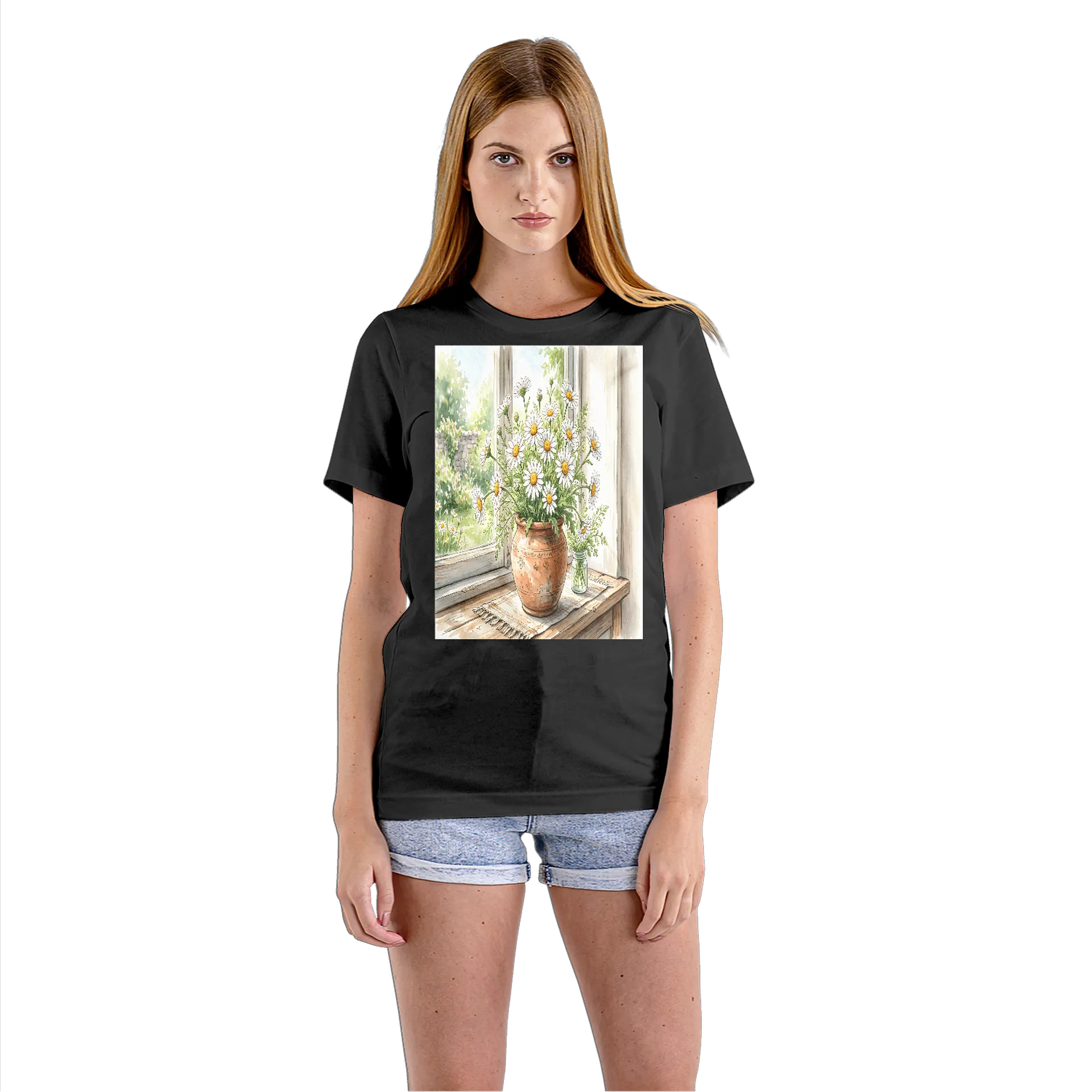 Camiseta Babylook Margaridas em Vaso Ilustração Aquarela - Imagem 3