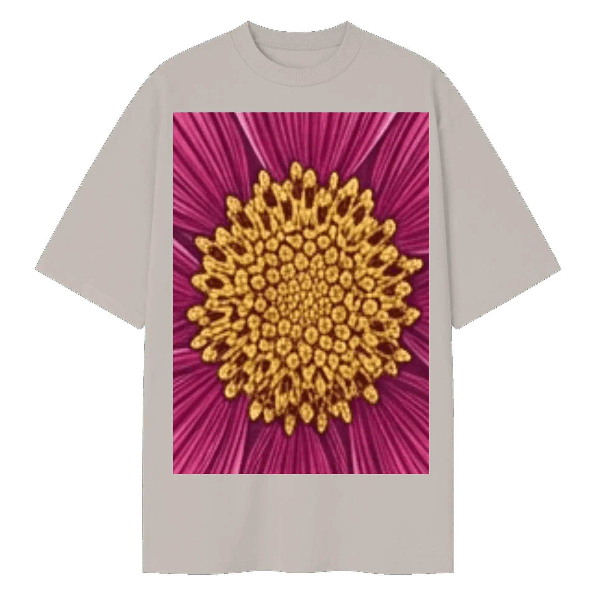 Camiseta Oversized Flor Dourada Fundo Magenta Rays Radiantes - Imagem 1