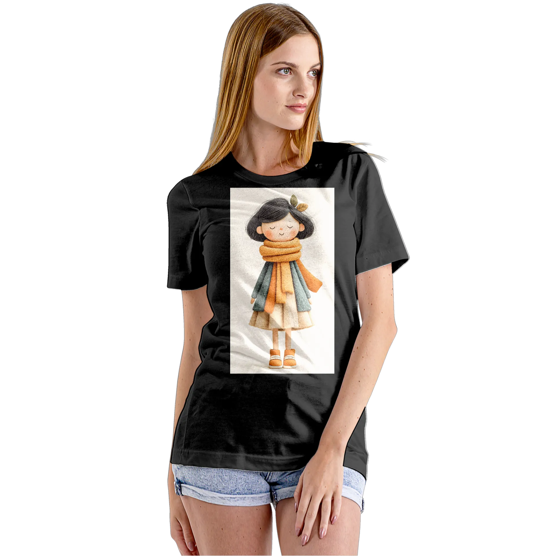 Camiseta Babylook Menina de Cachecol em Estilo Ilustrado - Imagem 5