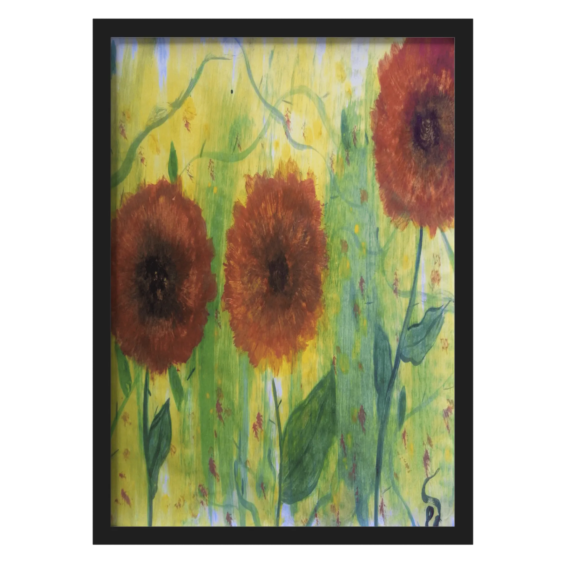 Quadro Girassóis Pintura Abstrata Amarelo e Verde A3 - Imagem 1