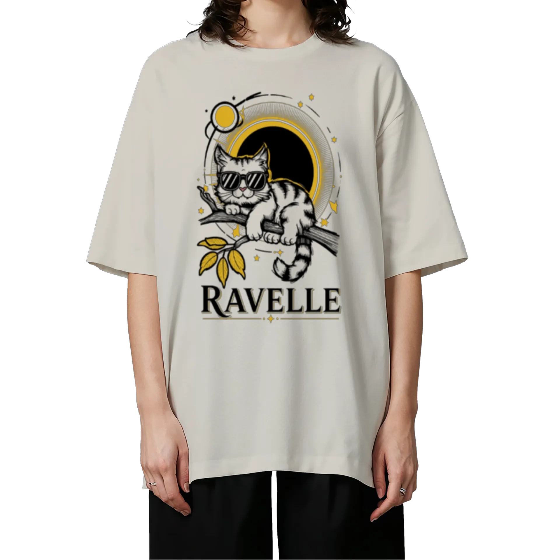 Camiseta Oversized Gato Estilizado Preto e Amarelo 100% - Imagem 3