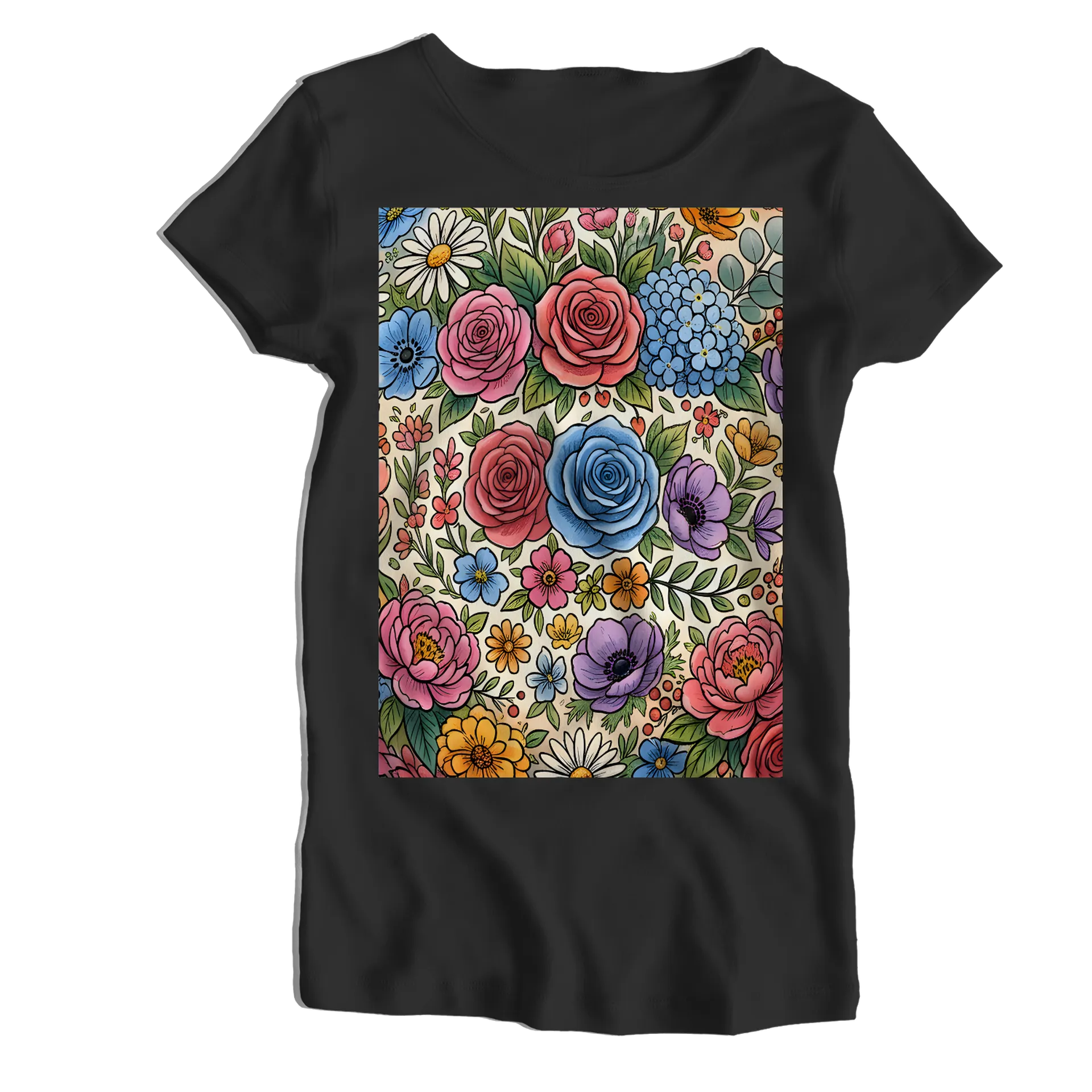 Camiseta Babylook Estampa Floral Rosas Coloridas 100% - Imagem 1