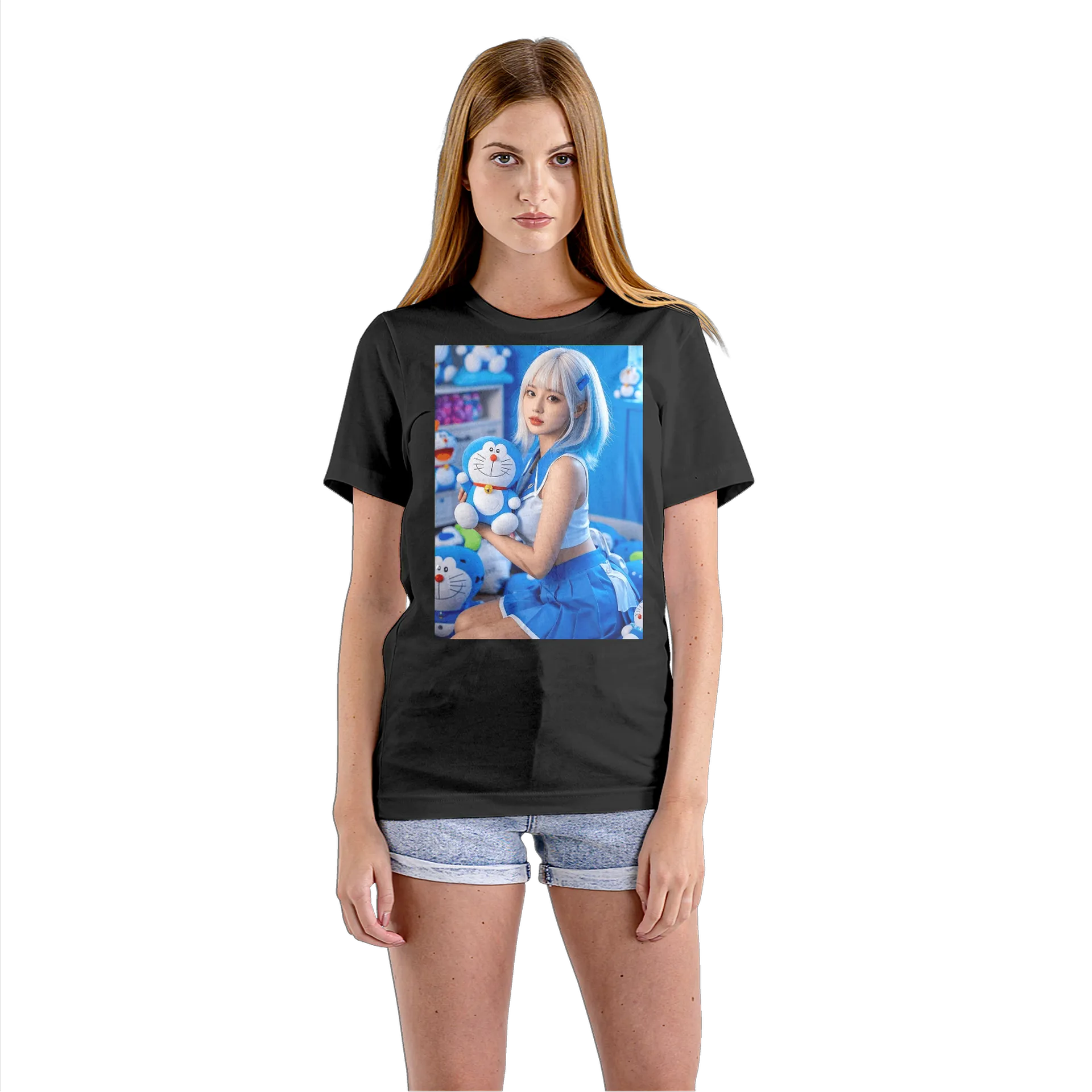 Camiseta Babylook Personagem Doraemon Azul 100% Algodão - Imagem 3