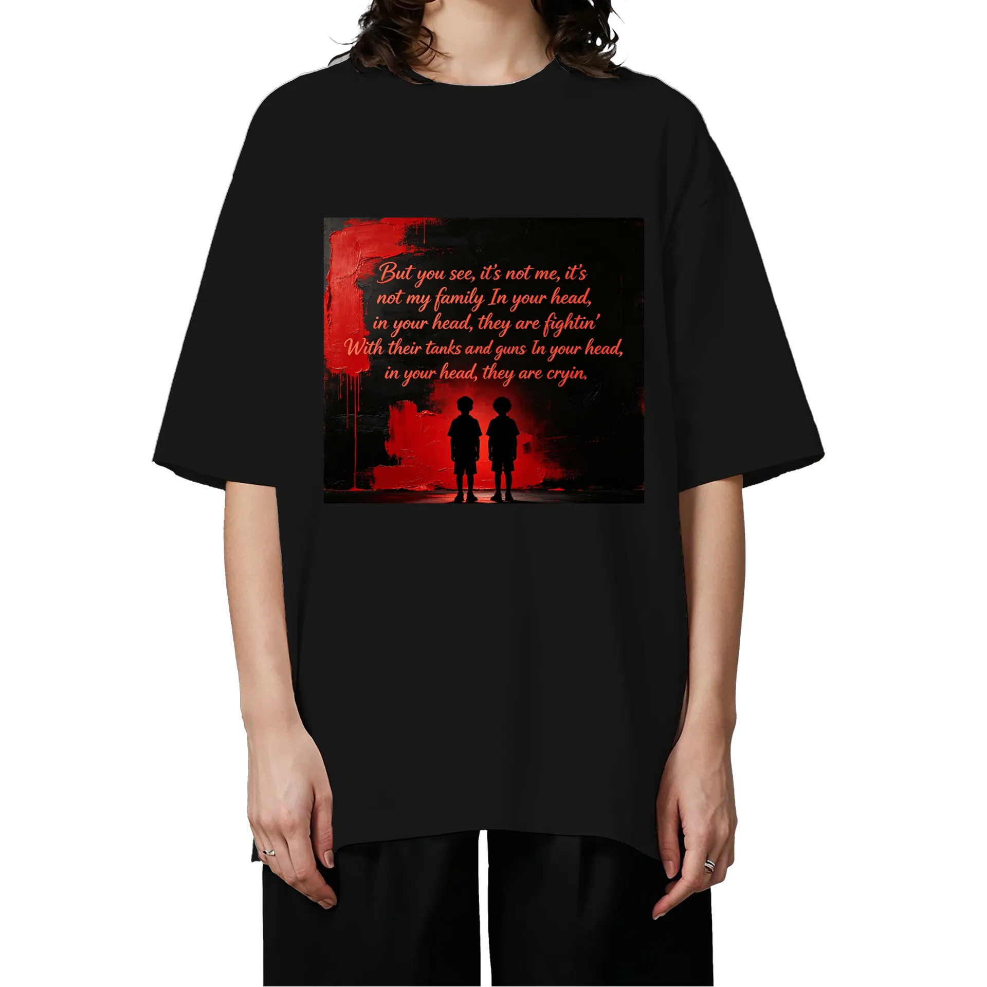 Camiseta Oversized Texto Poético Estampa Vermelho Preto - Imagem 3