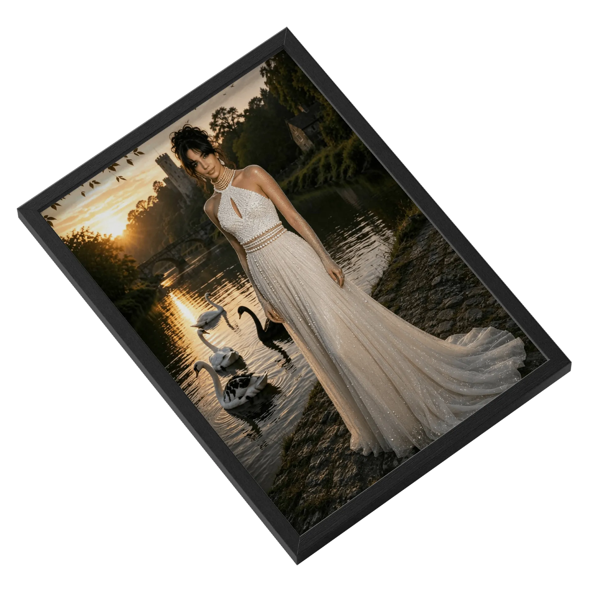 Quadro Artista Vestido Branco Luxo A3 Dourado Vidro MDF e - Imagem 2