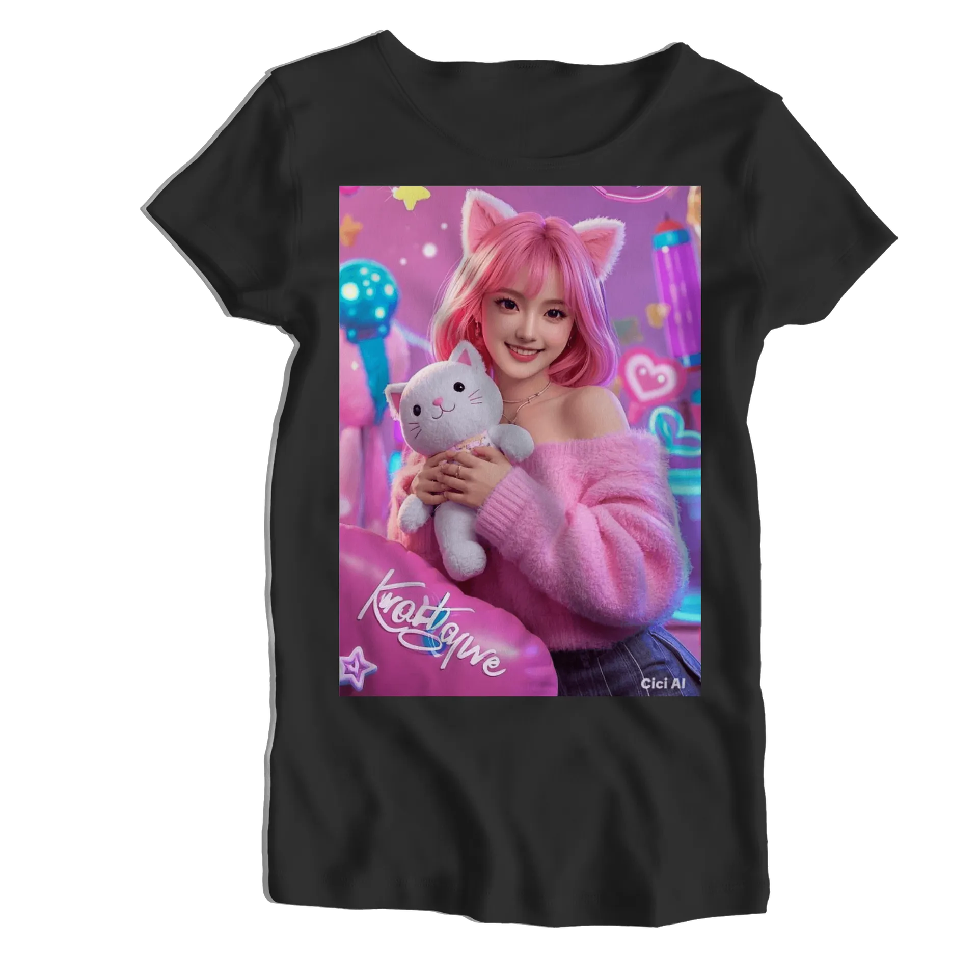 Camiseta Babylook Gato de Pelúcia Arte Rosa 100% Algodão - Imagem 1