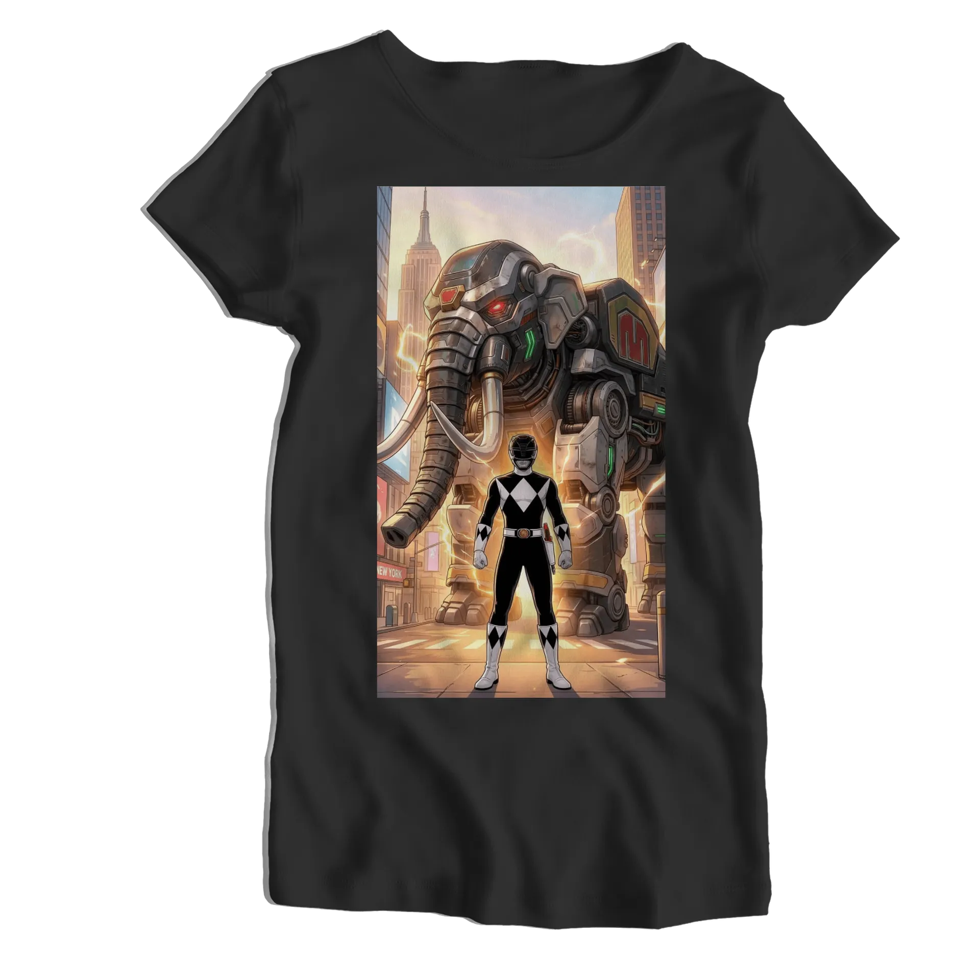 Camiseta Babylook Herói Preto e Branco com Robô Elefante - Imagem 1