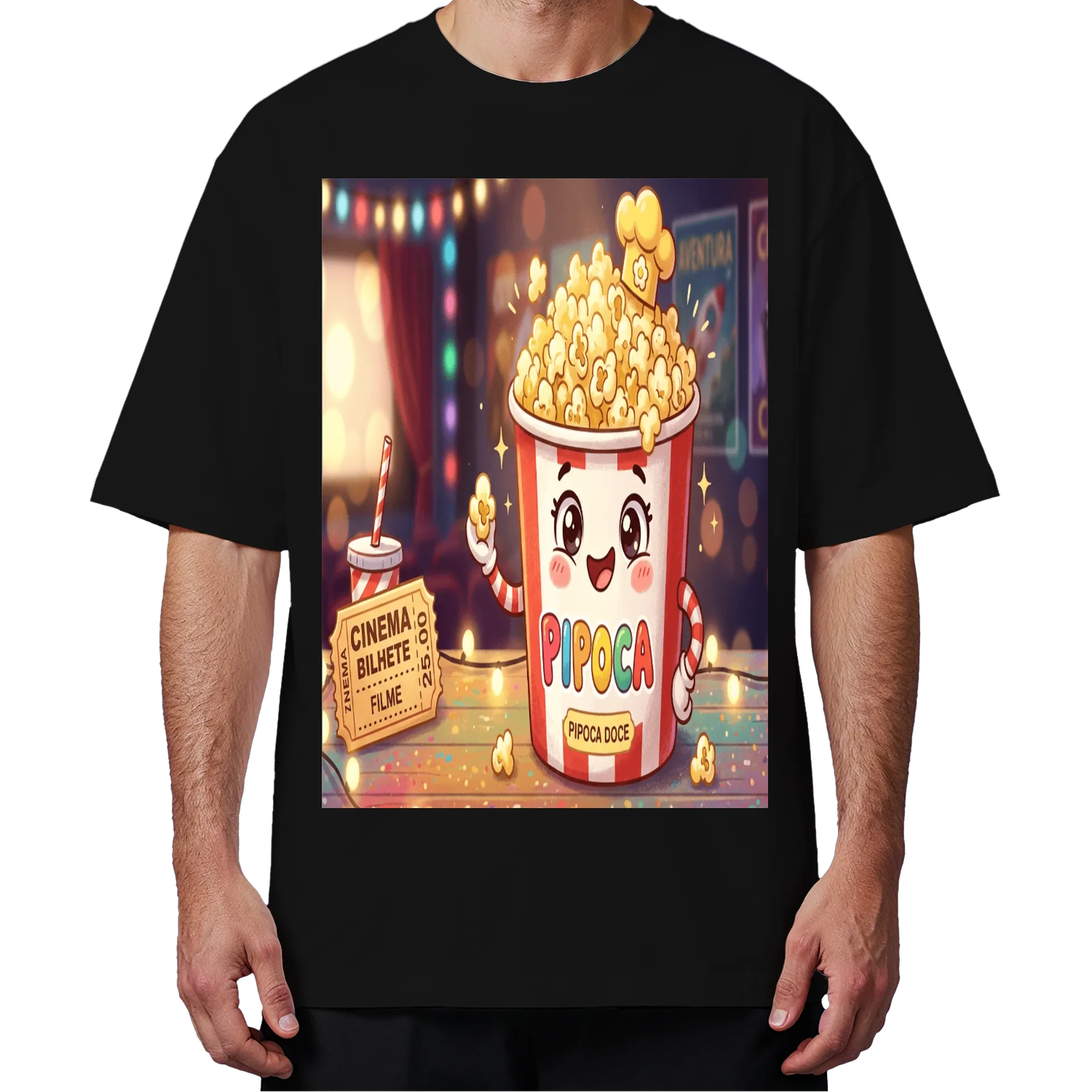 Camiseta Oversized Pipoca Doce Cartoon Cinema Colorido 50% - Imagem 4