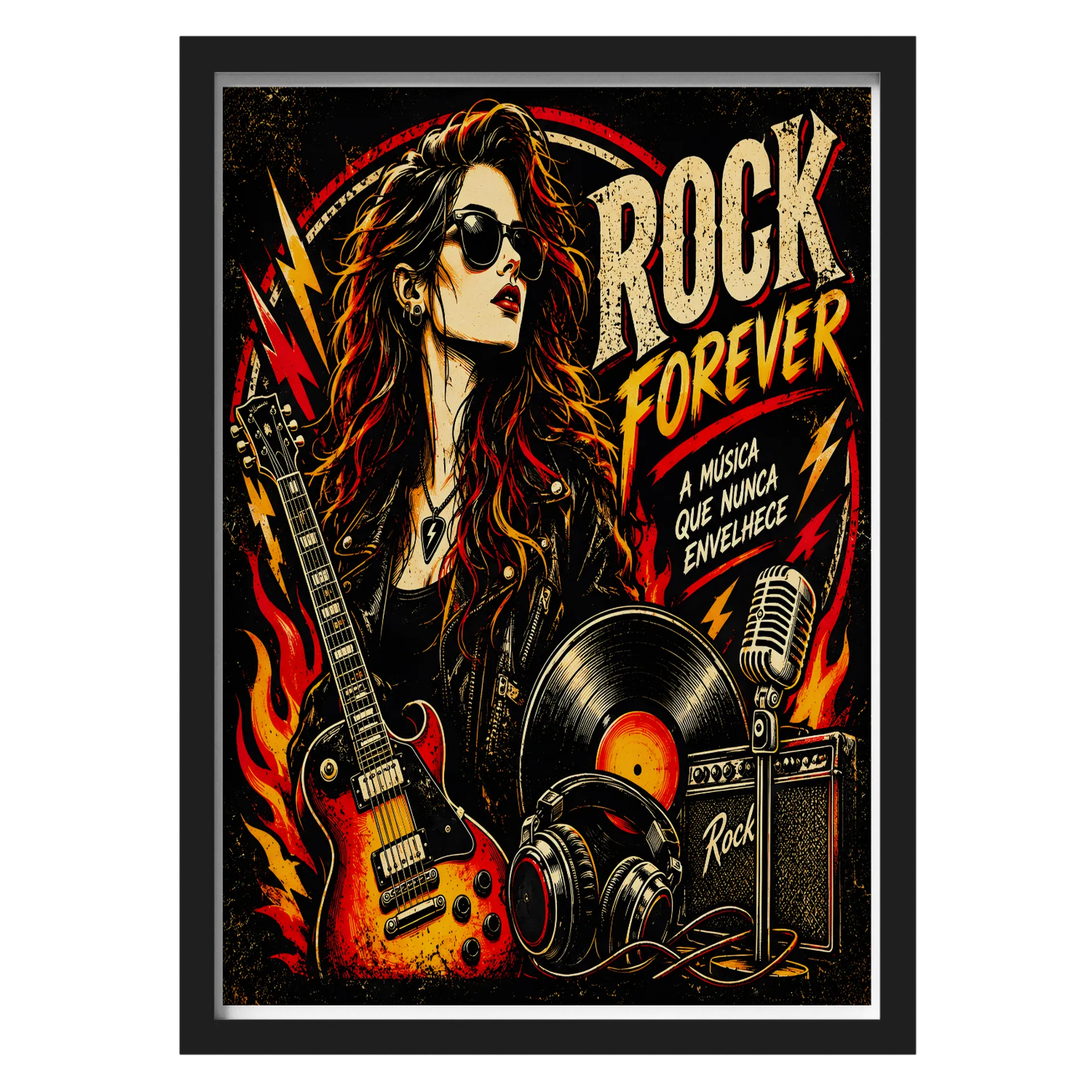 Quadro Rock Forever Estilo Vintage Vermelho e Amarelo A3 - Imagem 1