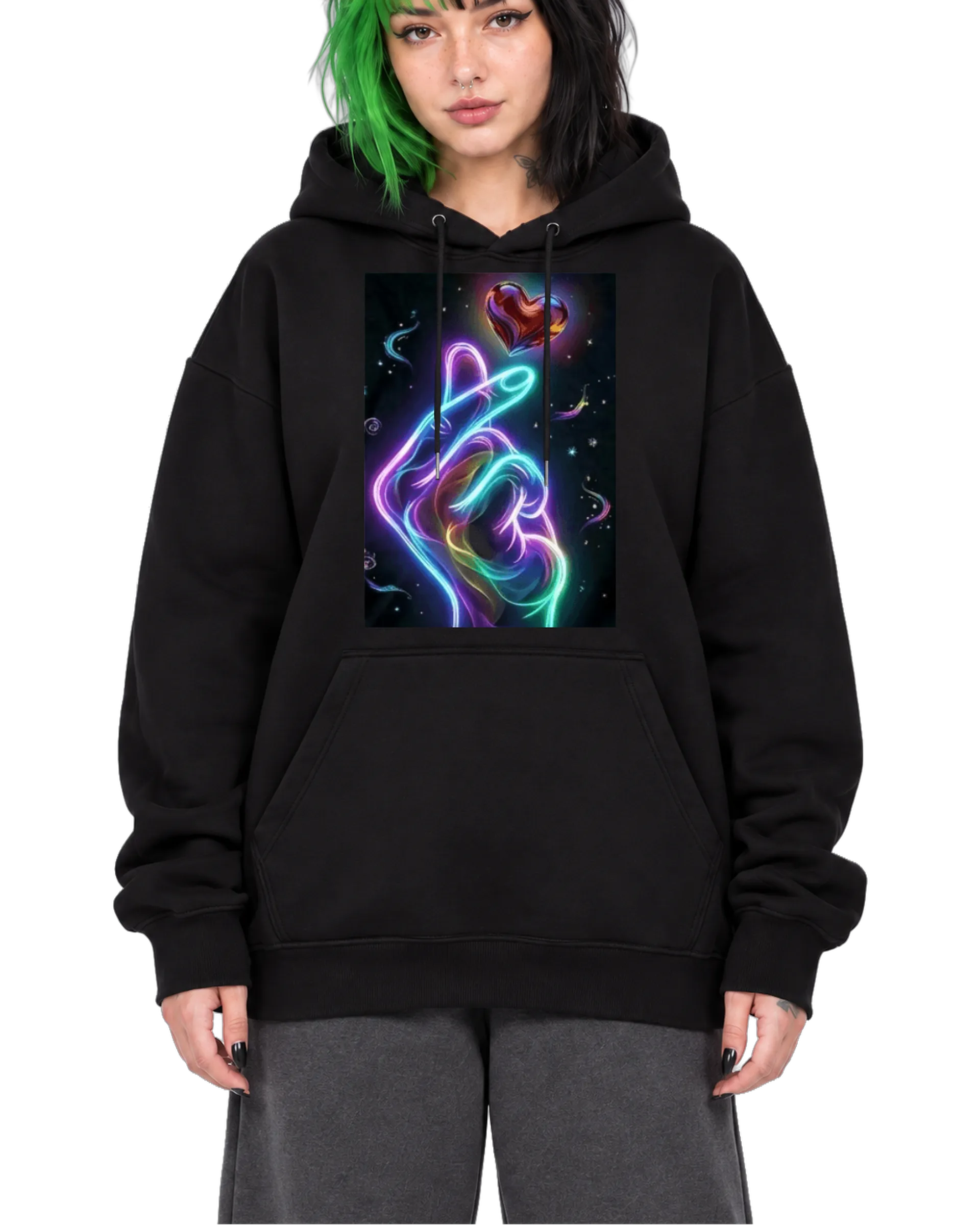 Blusa Moletom Canguru Coração Abstrato Neon Estrelas - Imagem 1