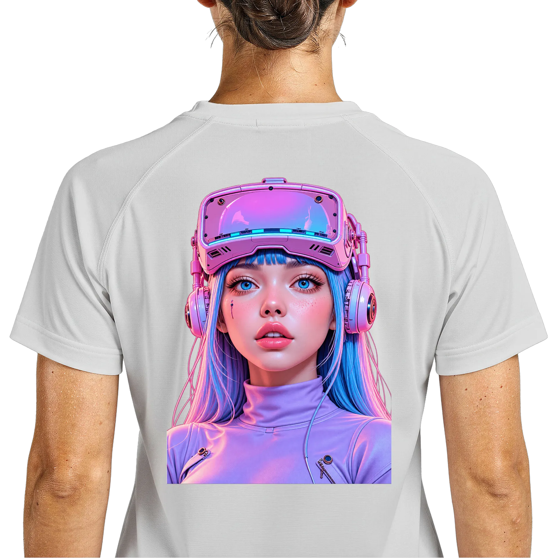 Camiseta Dry Fit Retrato Futurista de Mulher Cyberpunk - Imagem 5