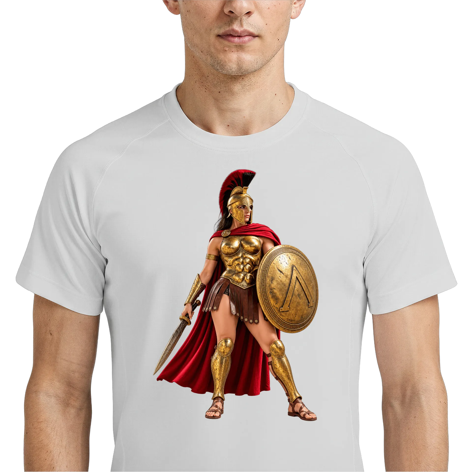 Camiseta Dry Fit Guerreira com Armadura Dourada Realista - Imagem 4