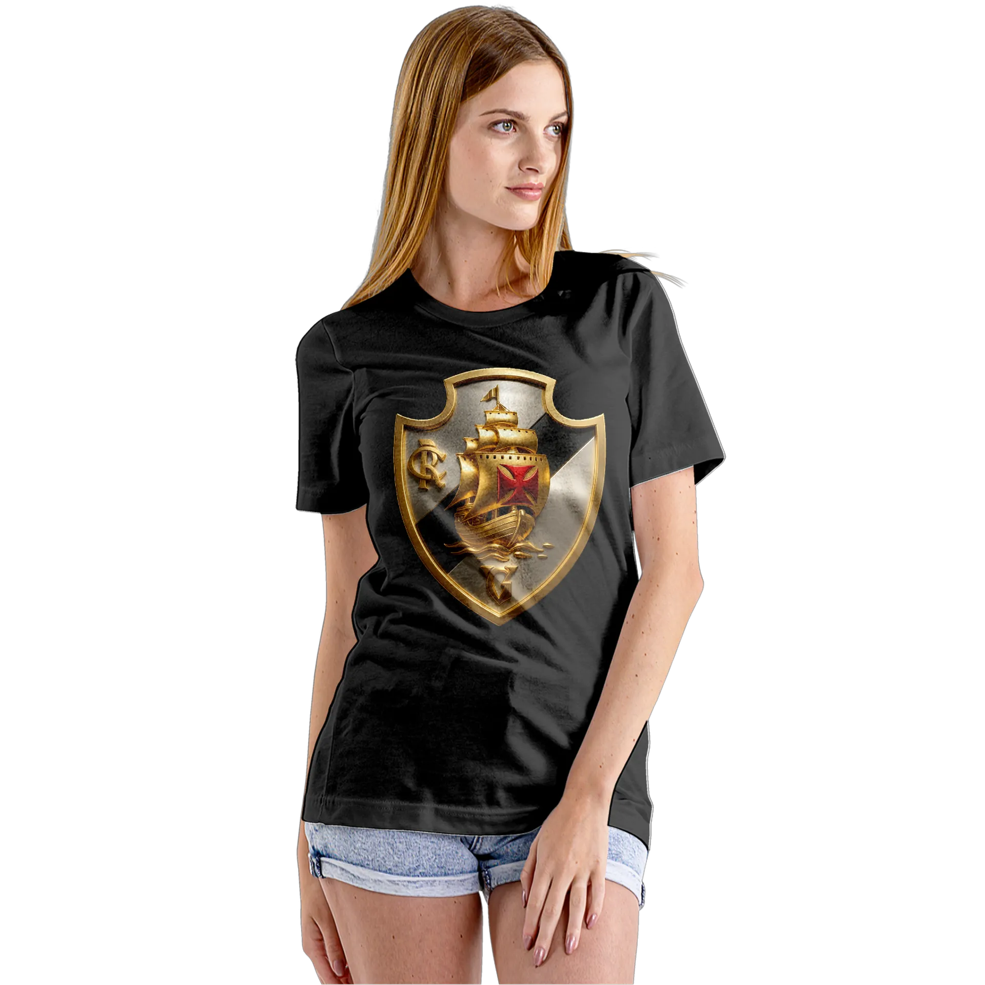Camiseta Babylook Escudo com Navio Dourado 100% Algodão - Imagem 5