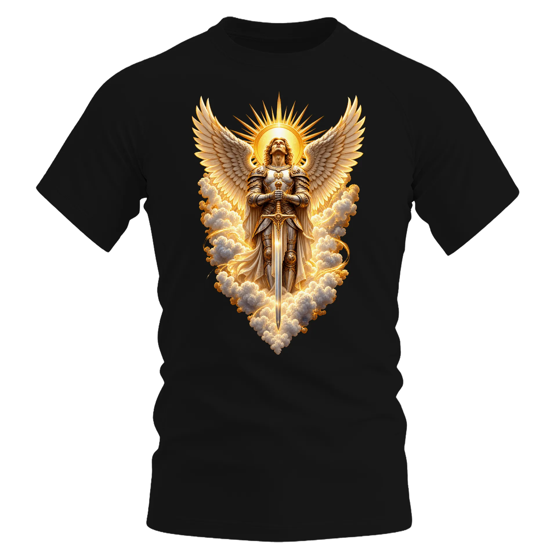 Camiseta Dry Fit Anjo Guerreiro com Asas Douradas Unissex - Imagem 1