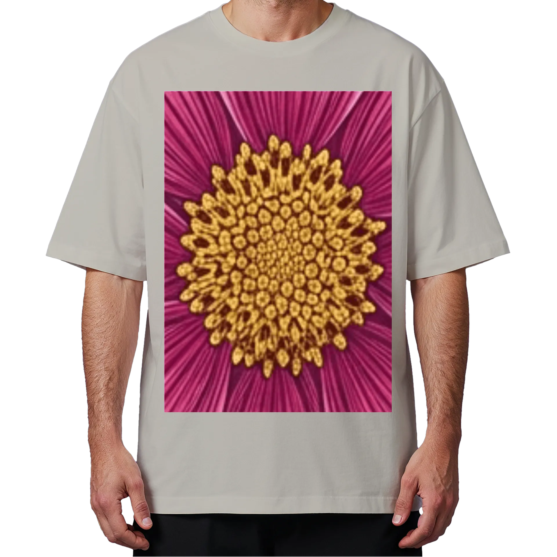 Camiseta Oversized Flor Dourada Fundo Magenta Rays Radiantes - Imagem 4