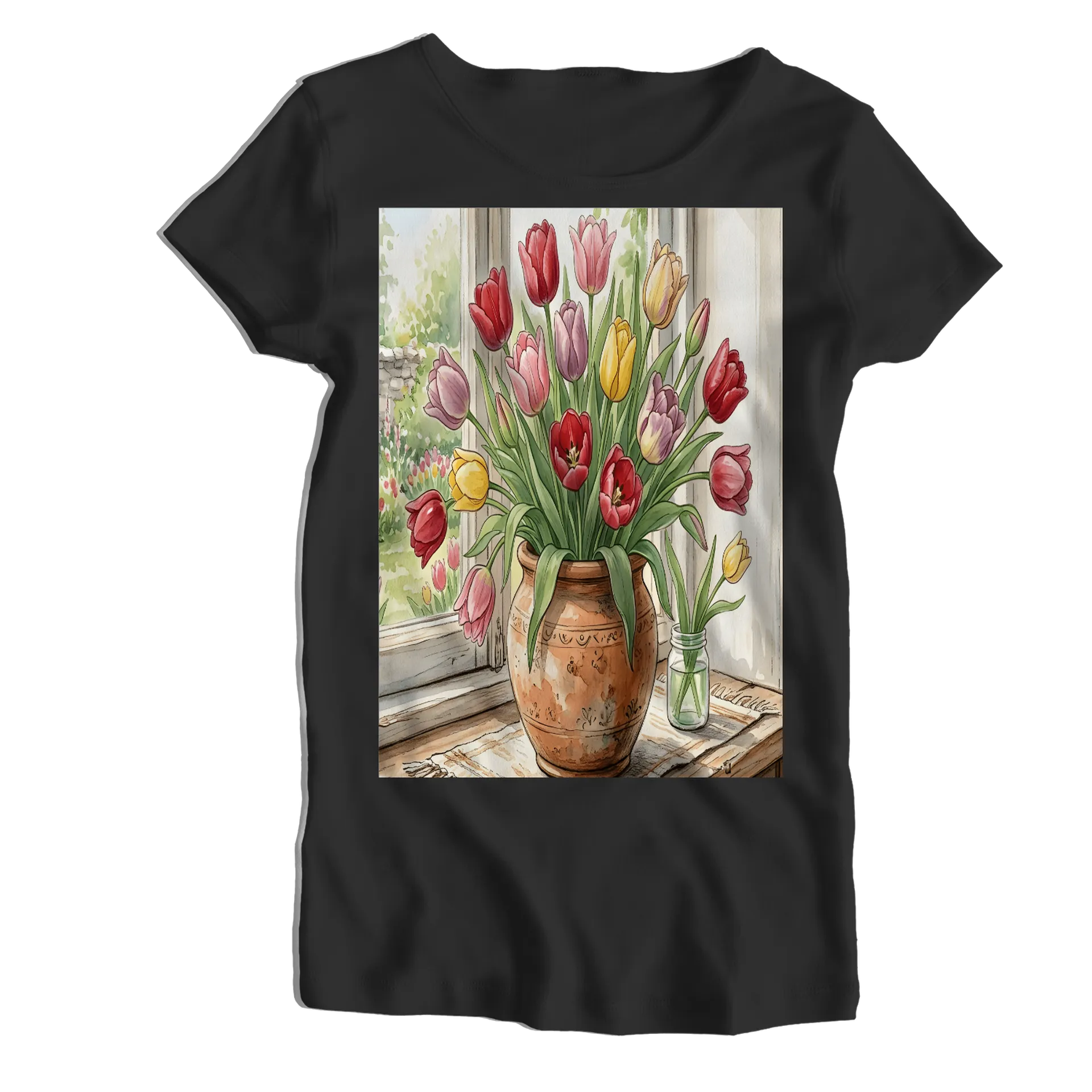 Camiseta Babylook Buquê de Tulipas em Aquarela 100% Algodão - Imagem 1