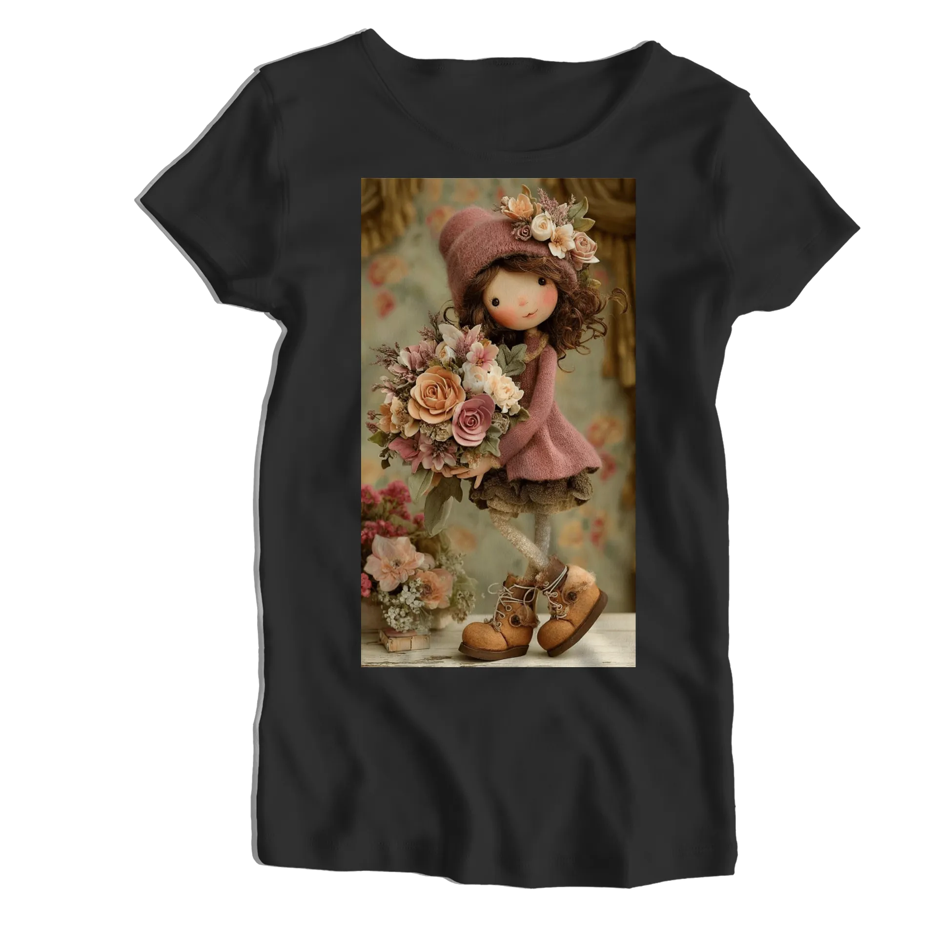 Camiseta Babylook Boneca com Buquê de Flores 100% Algodão - Imagem 1