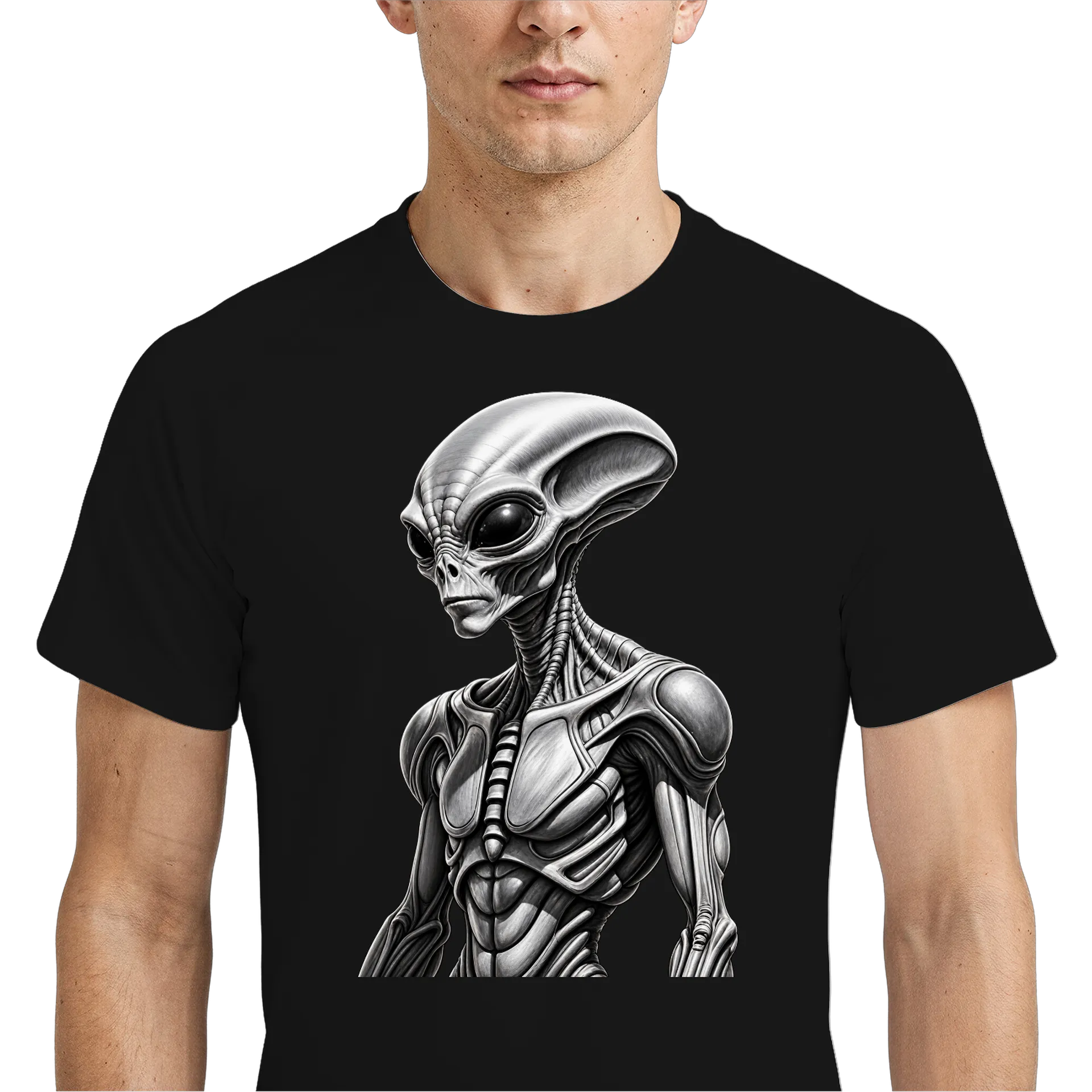 Camiseta Dry Fit Alien Realista Preto e Branco Respirável - Imagem 4