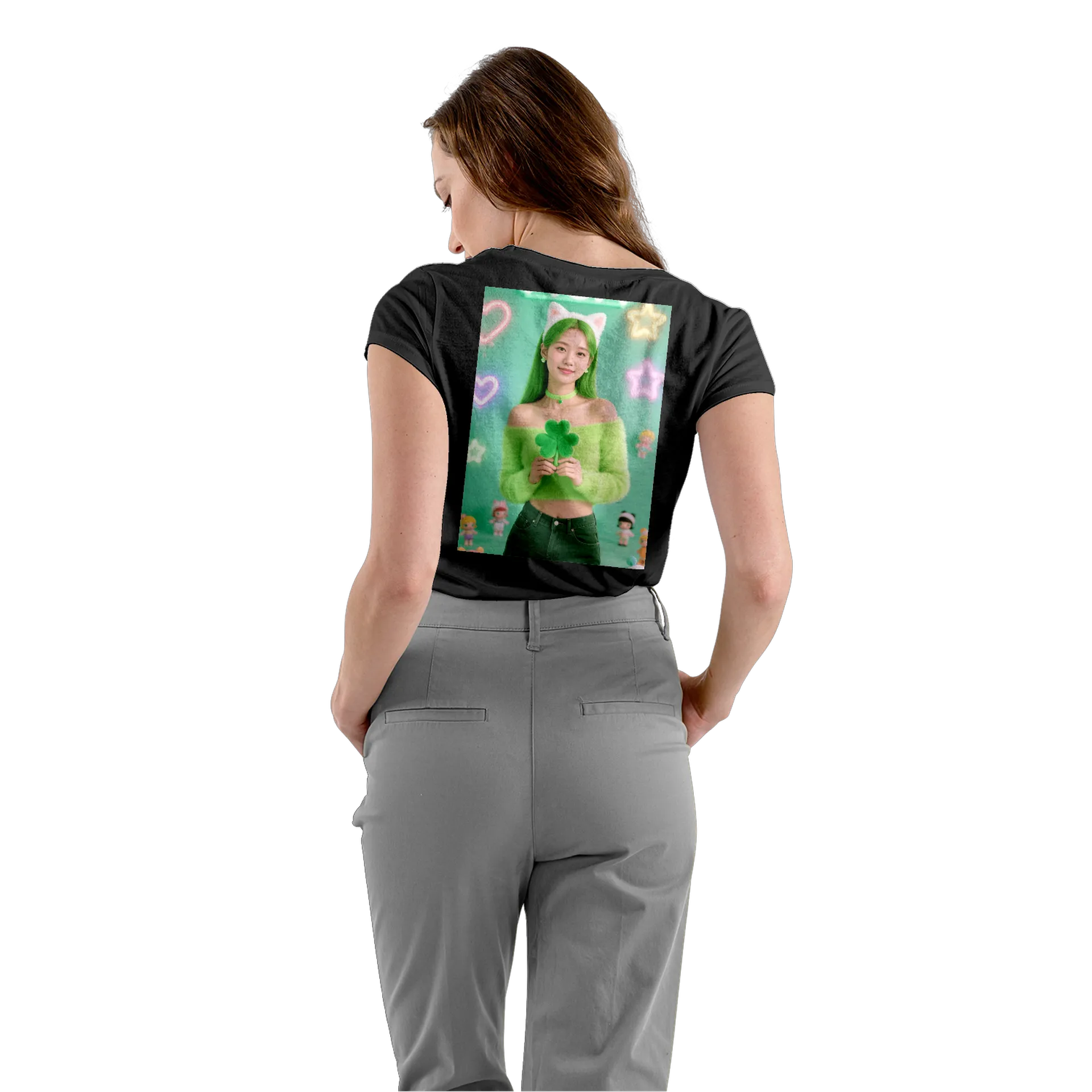 Camiseta Babylook Mulher com Trevo e Orelhas de Gato 100% - Imagem 4