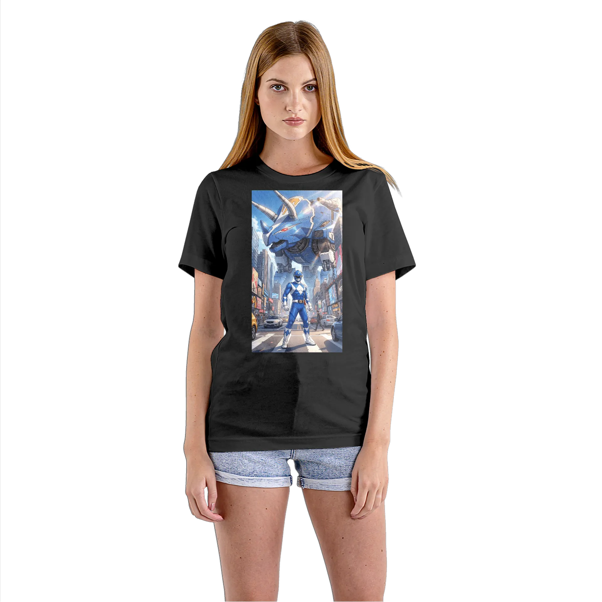 Camiseta Babylook Herói Azul e Robô Gigante 100% Algodão - Imagem 3