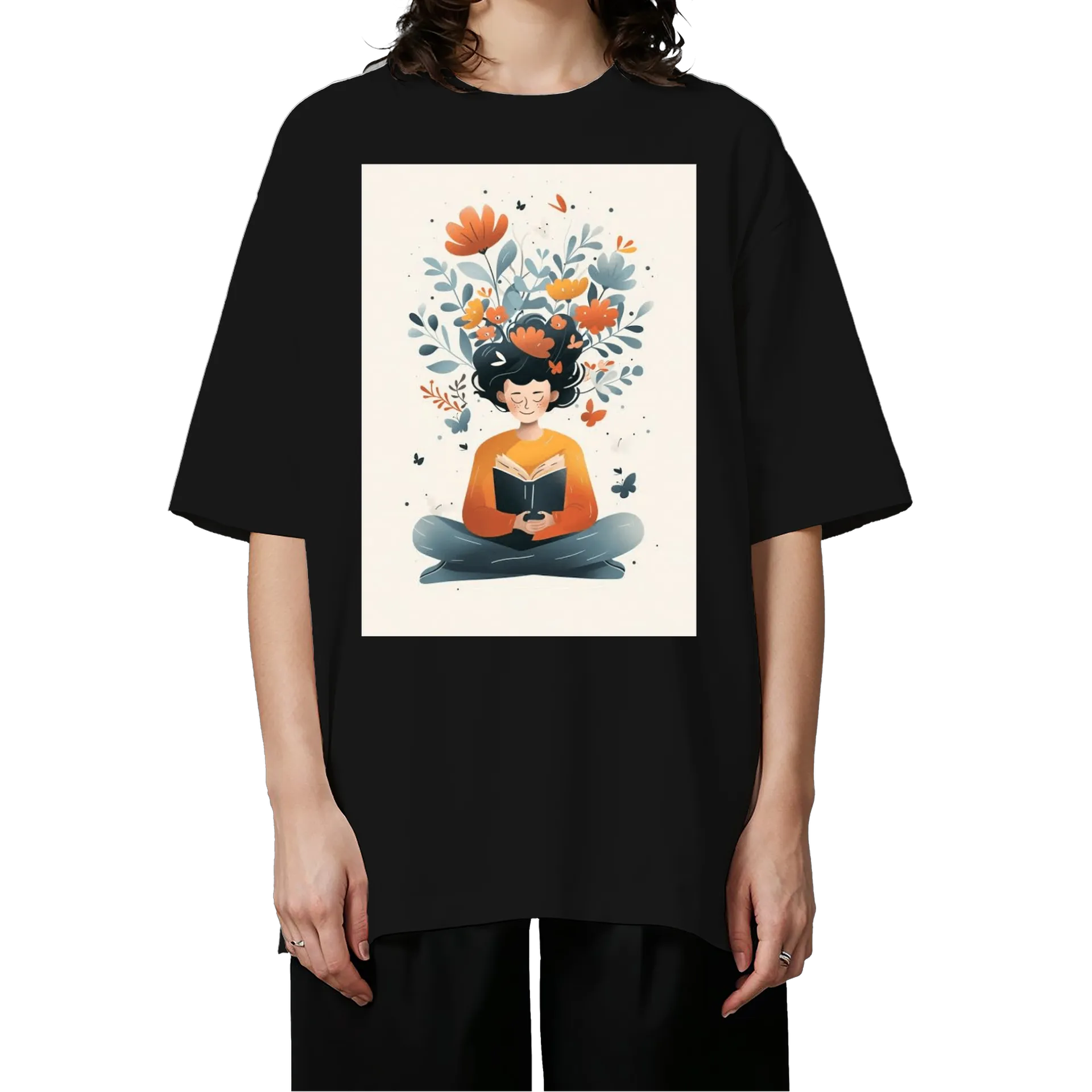 Camiseta Oversized Leitura Flores 100% Algodão Preto - Imagem 3