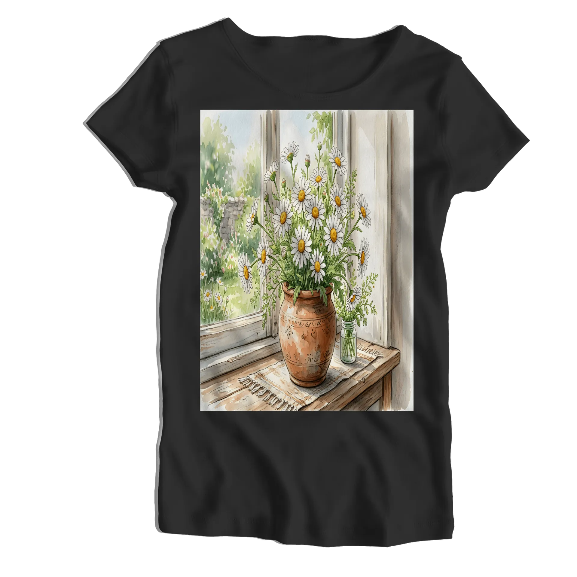 Camiseta Babylook Margaridas em Vaso Ilustração Aquarela - Imagem 1