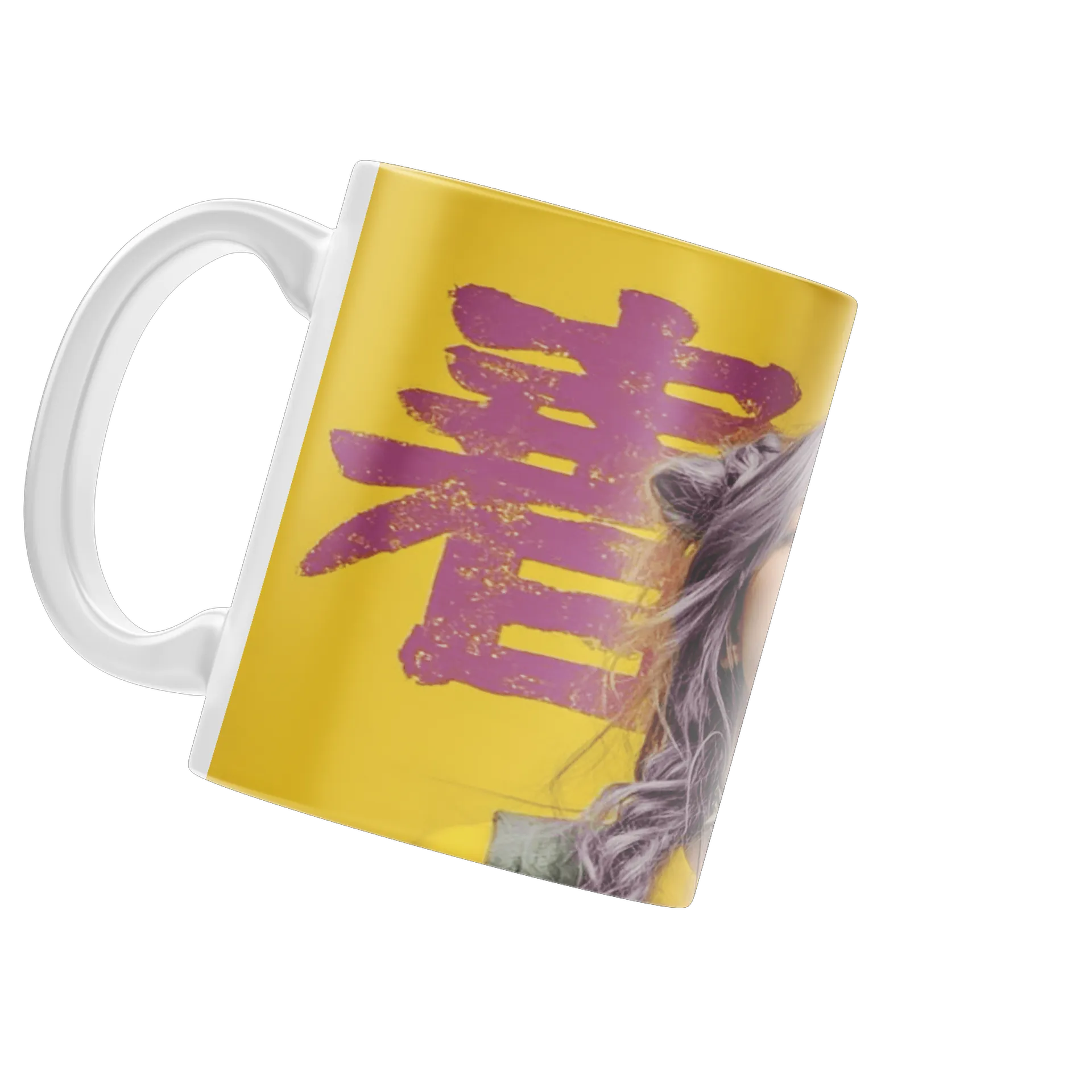 Caneca Retrato Feminino Arte em Tons Amarelos e Roxos 325ml - Imagem 3