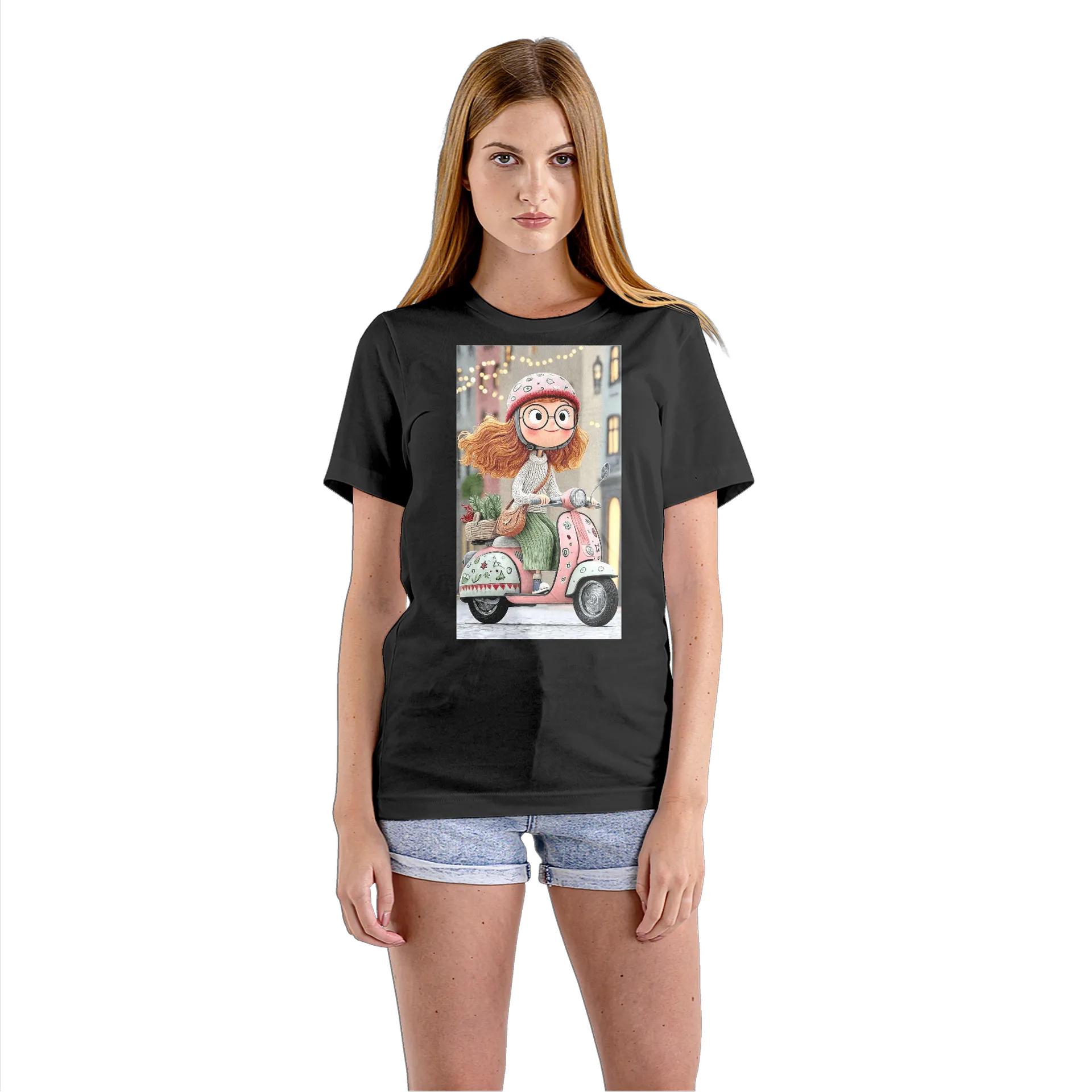 Camiseta Babylook Garota de Óculos na Lambreta 100% Algodão - Imagem 3